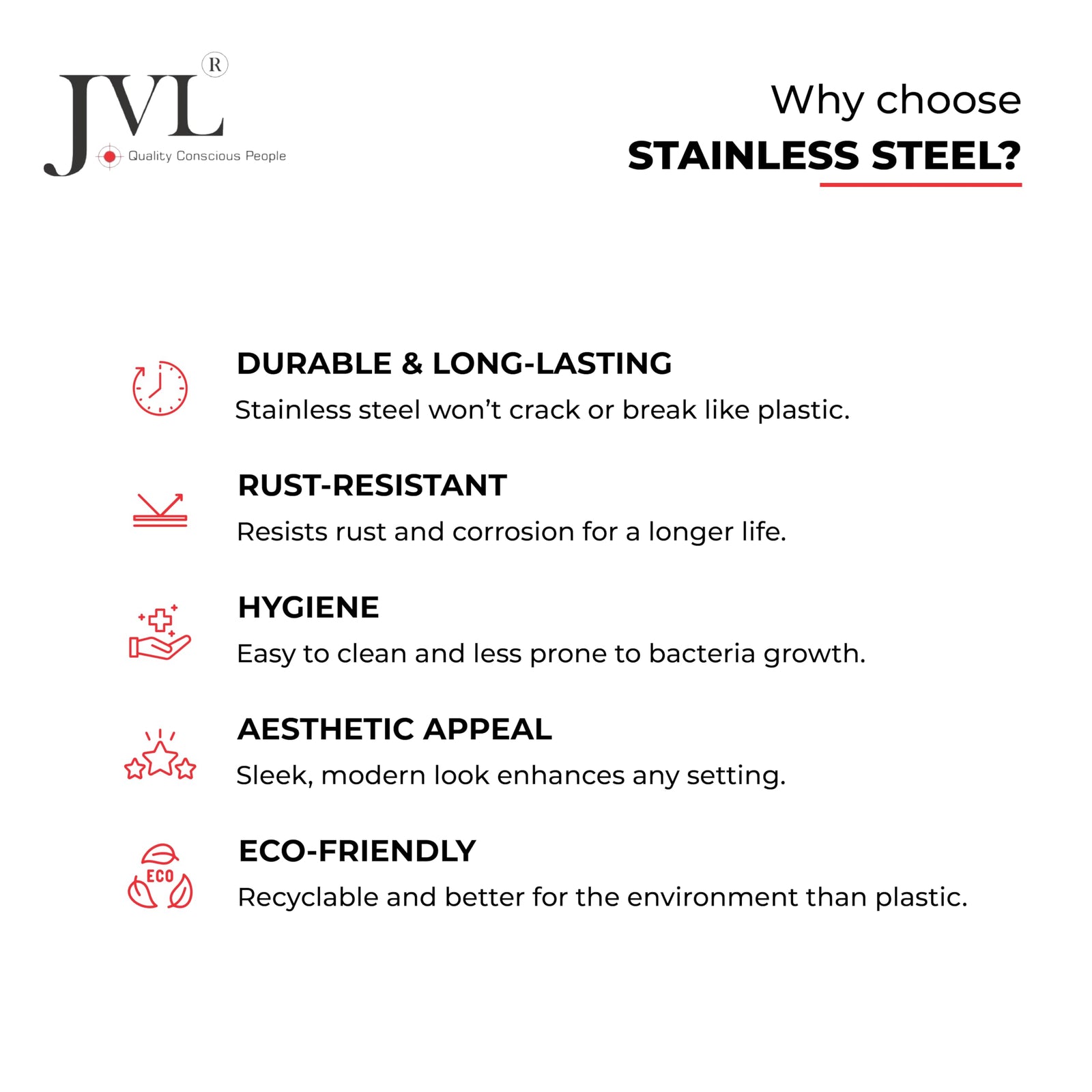Infographic highlighting benefits of stainless steel: durability, rust resistance, hygiene, aesthetic appeal, and eco-friendliness.