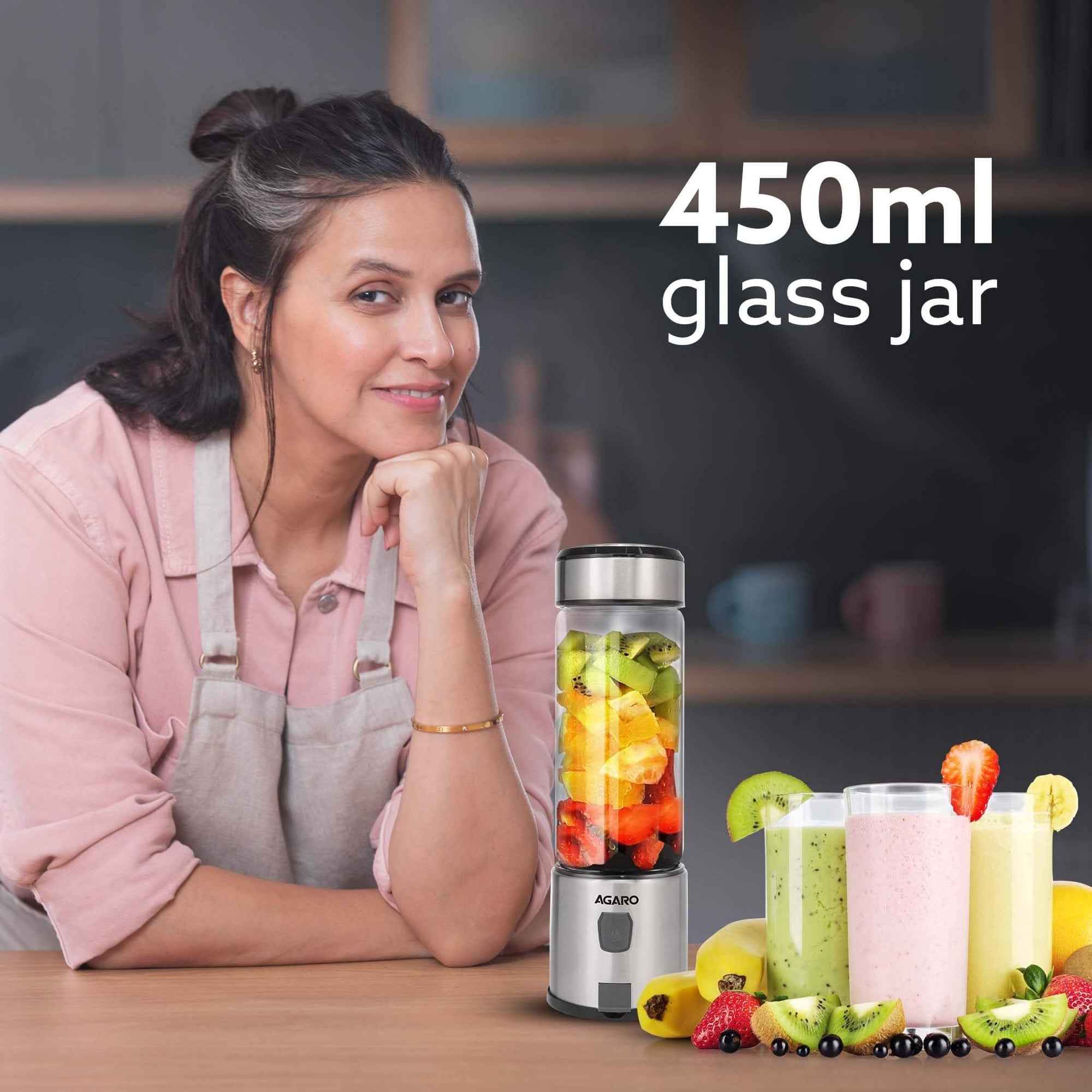 AGARO Galaxy Portable Blender, 450ml, USB Rechargeable, Smoothies, Shakes, 126W, 3000mAh Battery