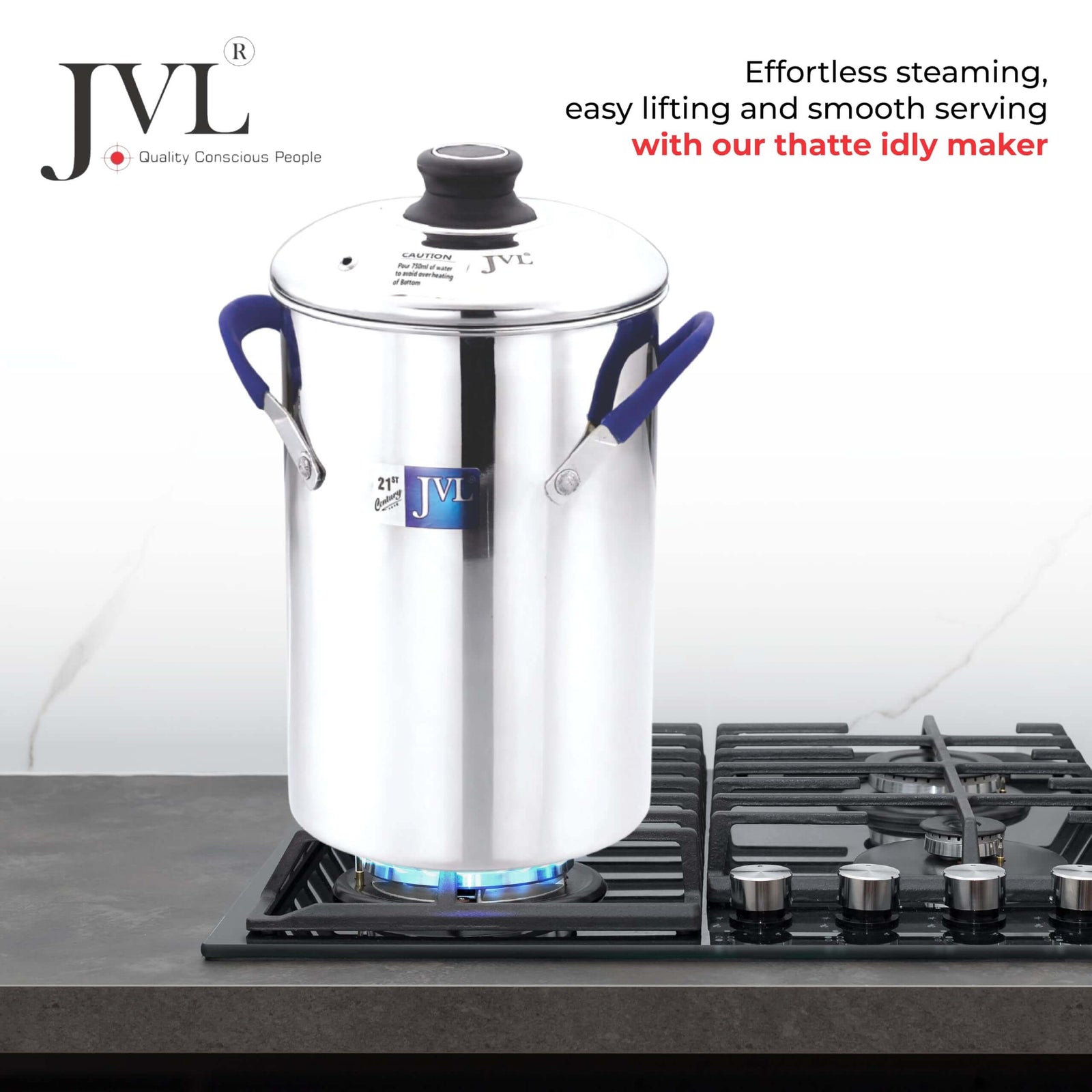 JVL Stainless Steel Idly Maker on stovetop, showcasing effortless steaming for traditional South Indian dishes.