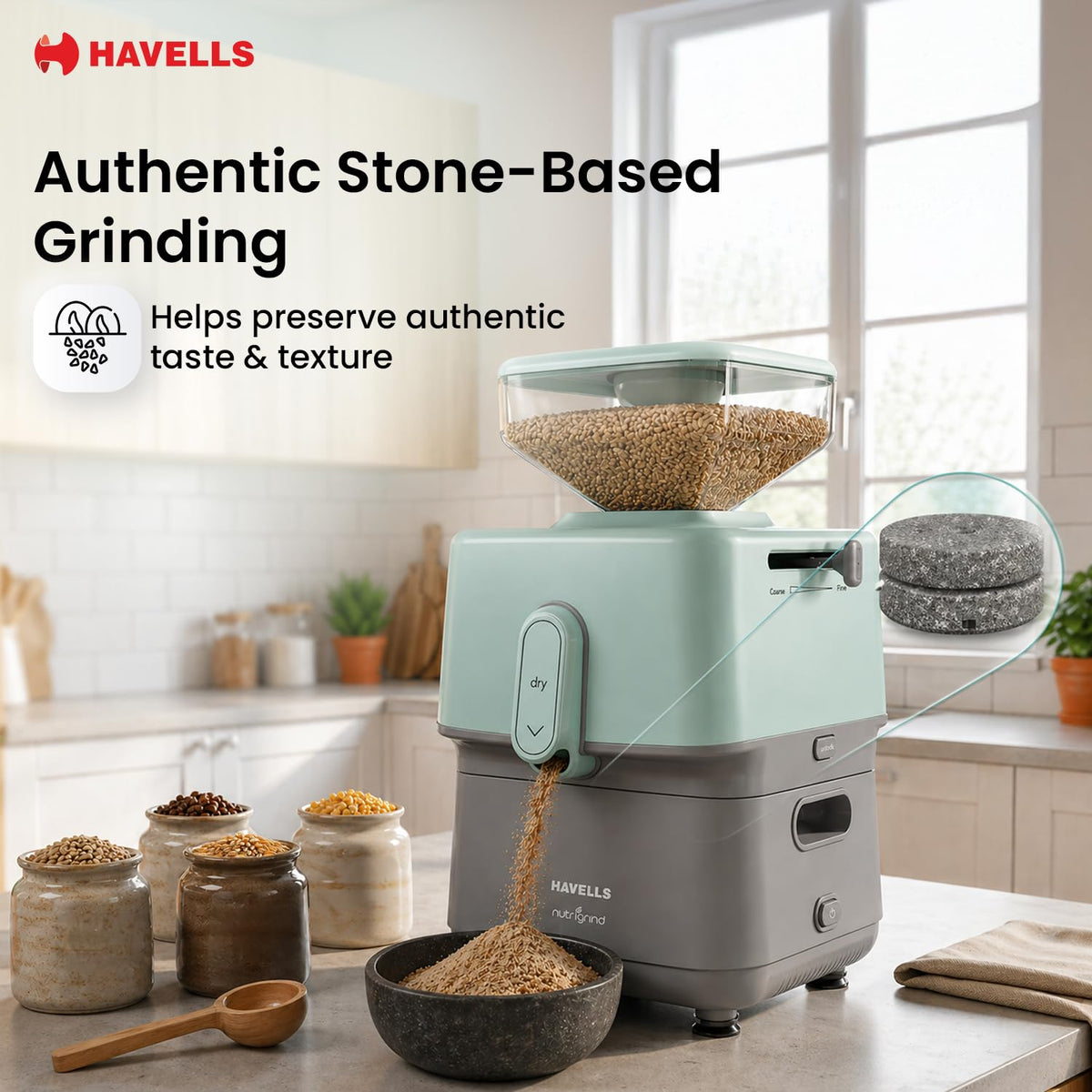 Havells Nutrigrind 400W induction motor dry atta mill for Indian kitchens
