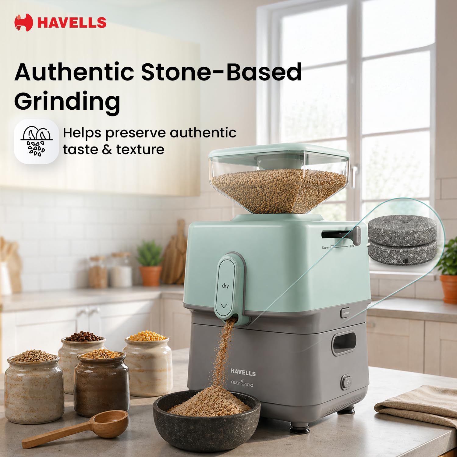Havells Nutrigrind 400W induction motor dry atta mill for Indian kitchens
