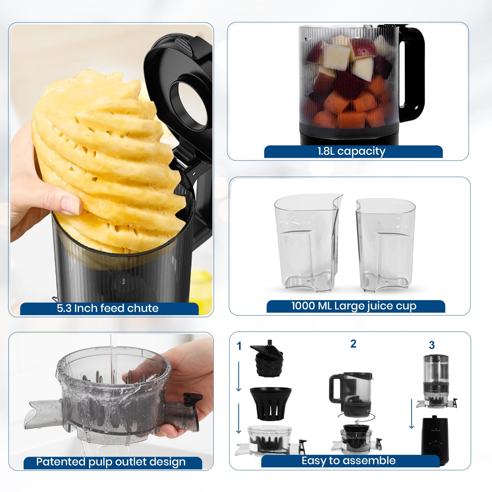 Slim portable SOLARA cold press juicer on a modern Indian kitchen countertop
