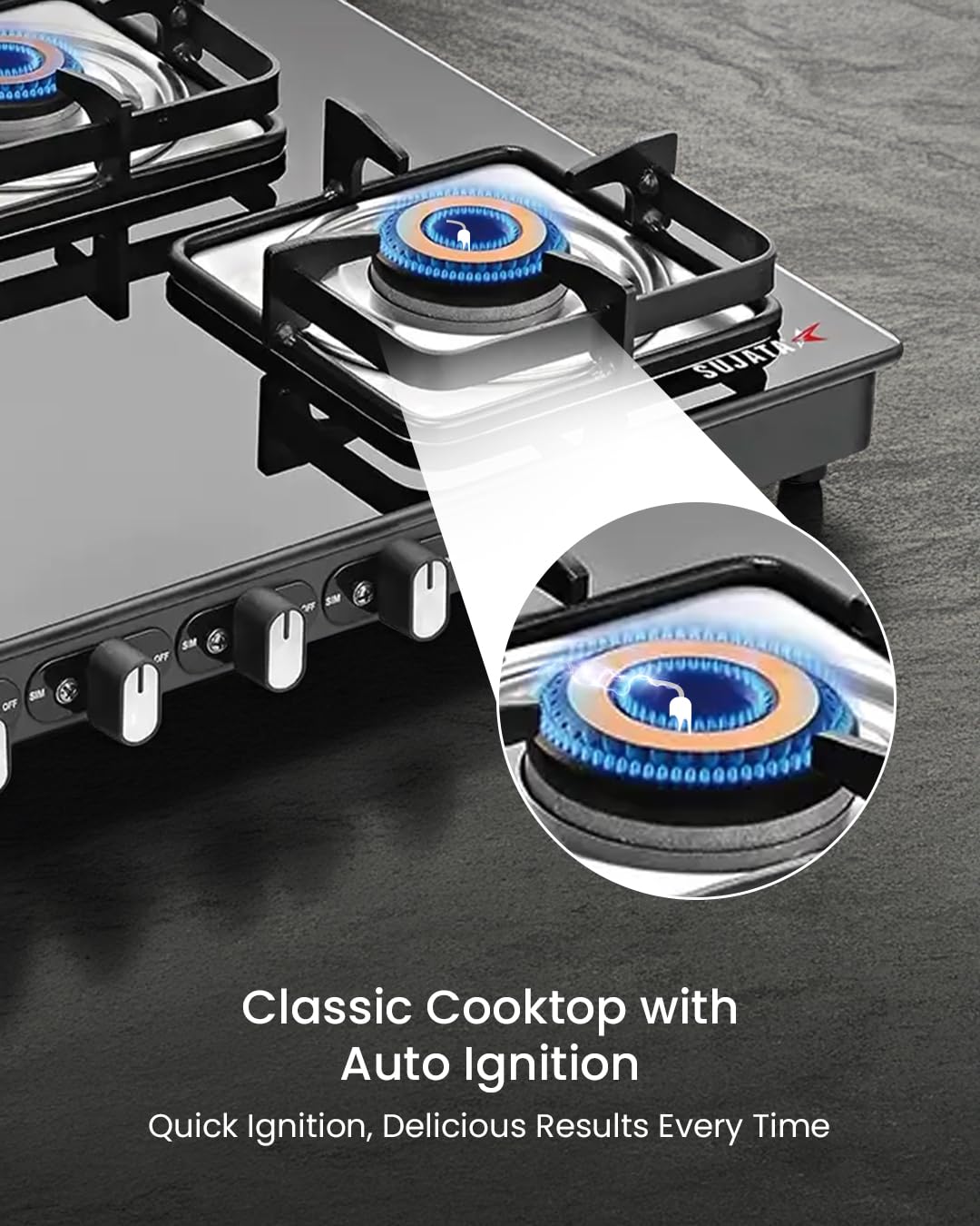 Sujata Classic 4 Burner Gas Stove | 8mm Glass Top | SABAF | 9 Yr Warranty