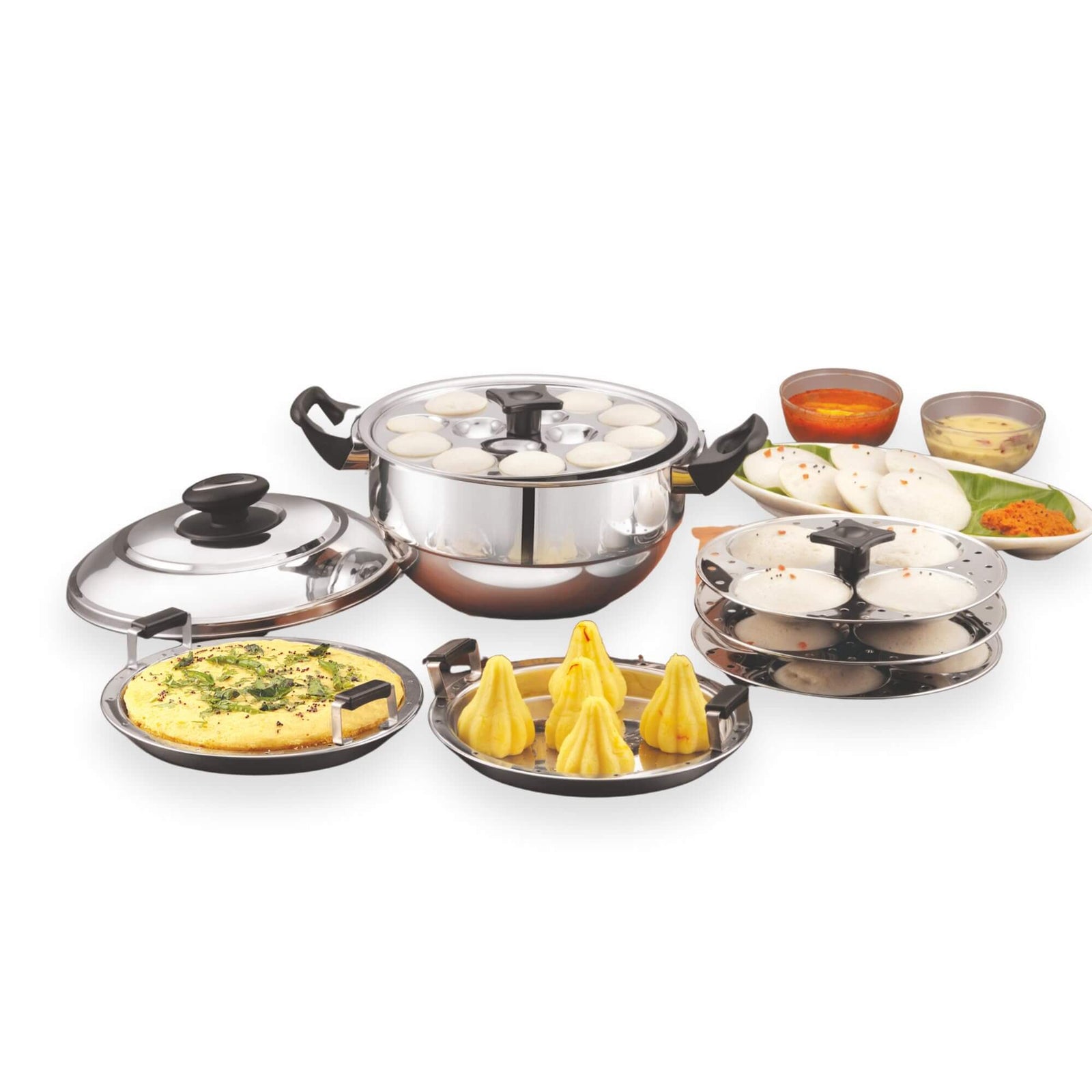 JVL Triply 5-in-1 Multi Kadai steamer set with stainless steel lid and idli plates
