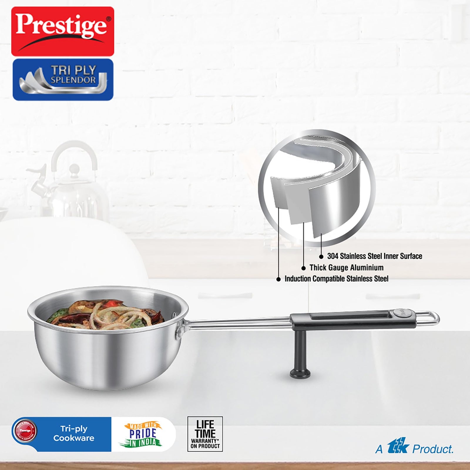 Prestige Splendor tadka pan silver finish thick gauge construction