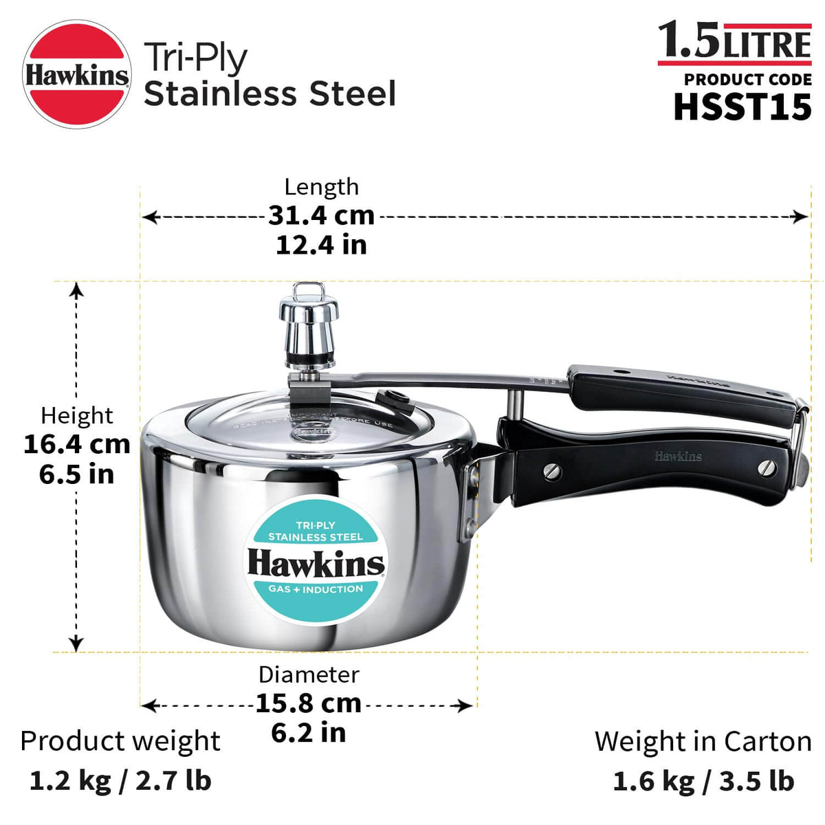 Hawkins Triply Stainless Steel Pressure Cooker - Inner Lid, Induction Compatible with 3mm Extra-Thick Base