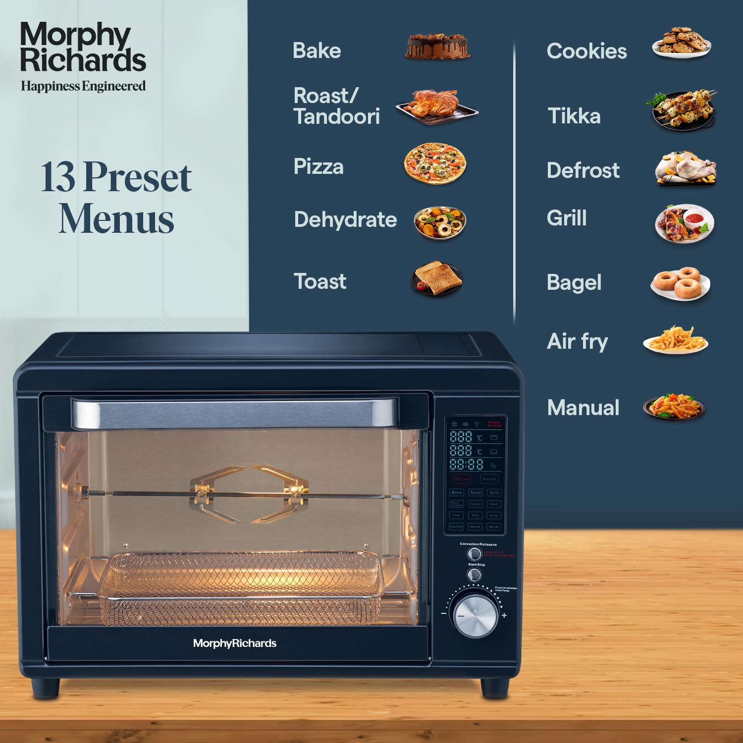 Morphy Richards 29L Digital OTG Oven | 13 Preset Menu | ir Fryer, Dehydrator & Rotisserie | 2000W Deep Blue (29RCAD DIGI)