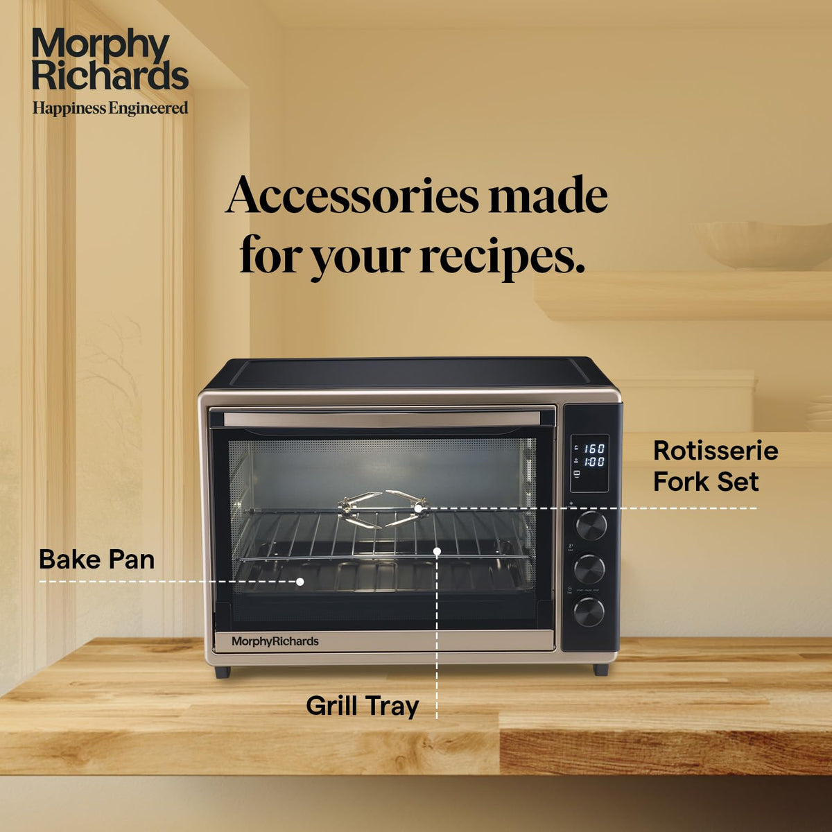 Morphy Richards 52L OTG with built-in dehydrate mode drying orange slices, showing dehydrate function icon and dried fruit chips