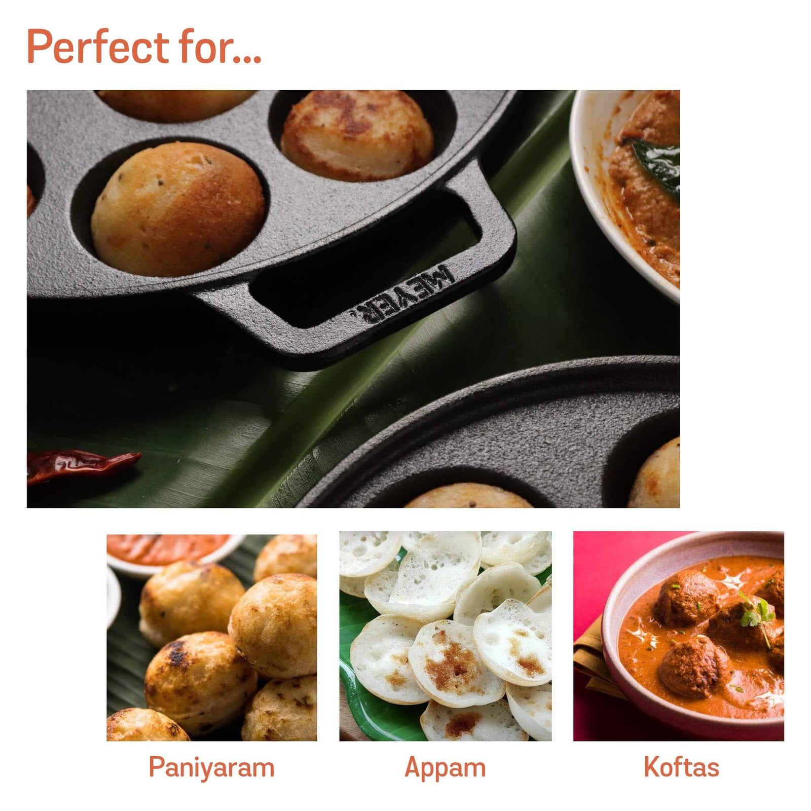 Pre-seasoned Meyer paniyaram pan with vegetable oil coating and dual grip handles