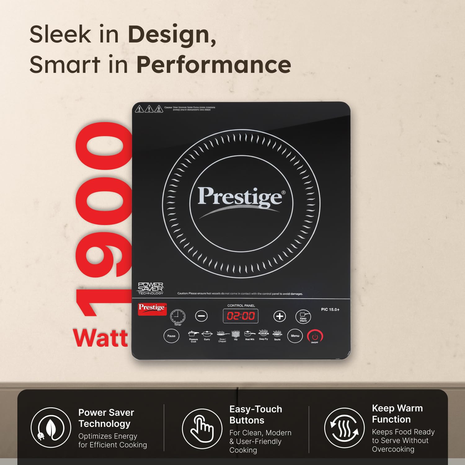 Prestige PIC 15.0 Plus 1900W induction cooktop in black with touch panel
