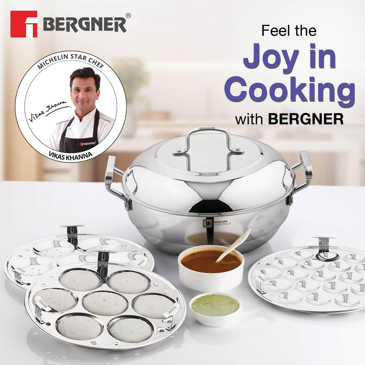Bergner Essentials Triply Stainless Steel 27cm Multi Kadai with 2 Plates