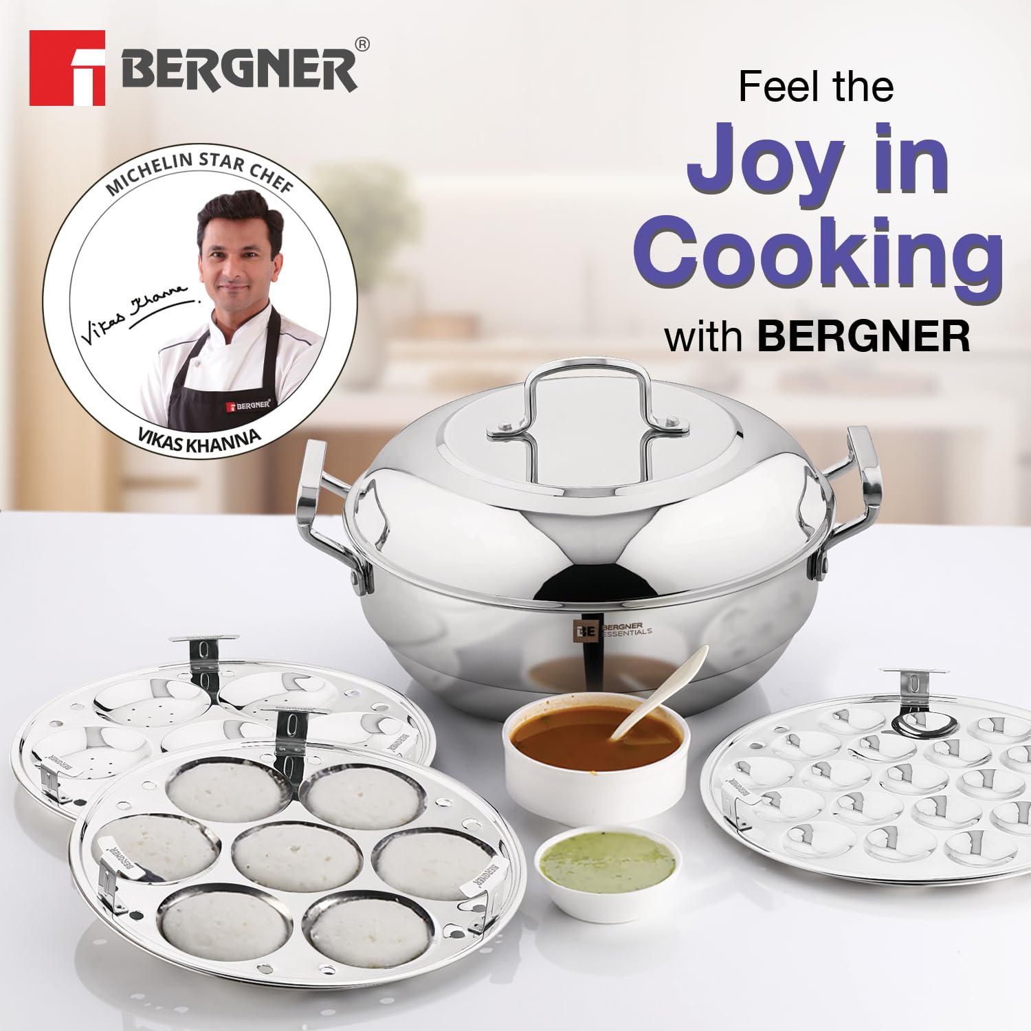 Bergner Essentials Triply Stainless Steel 27cm Multi Kadai with 5 Plates - Induction Compatible