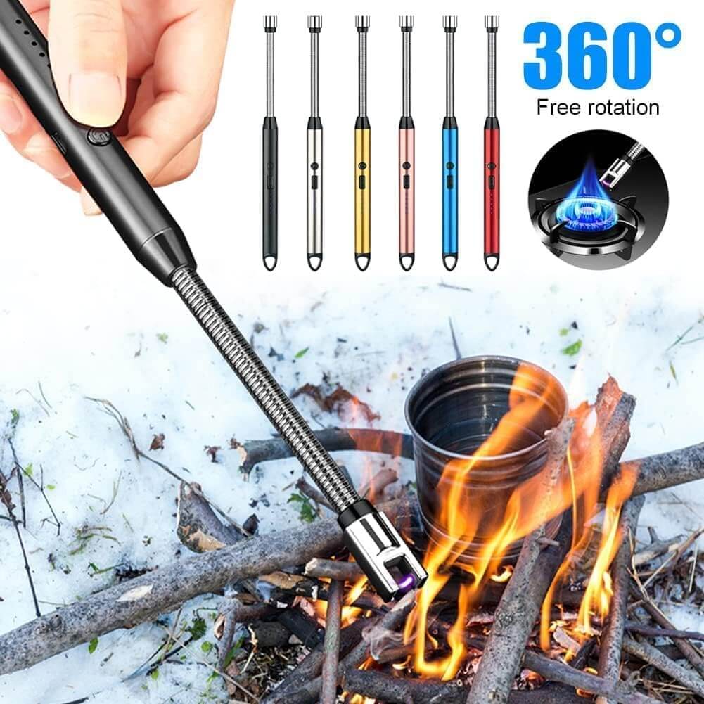 Arc lighter with 360° flexible neck and various colors, igniting a fire outdoors in snowy conditions.