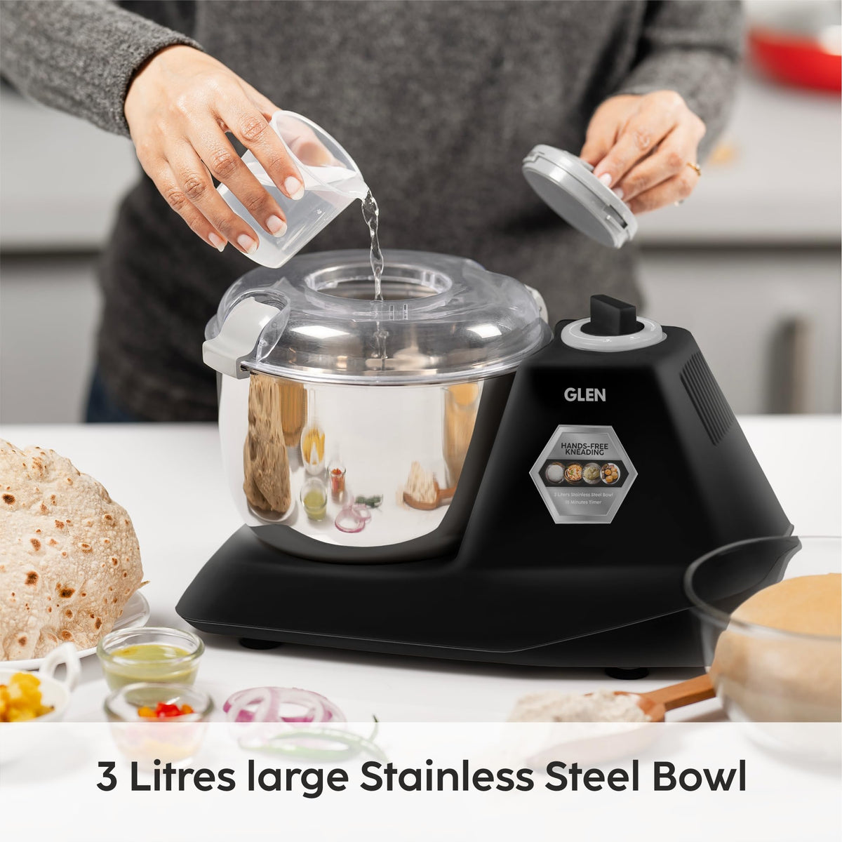 Glen SA-3032DMBL atta kneader kneading chapati dough hands-free in its stainless steel bowl