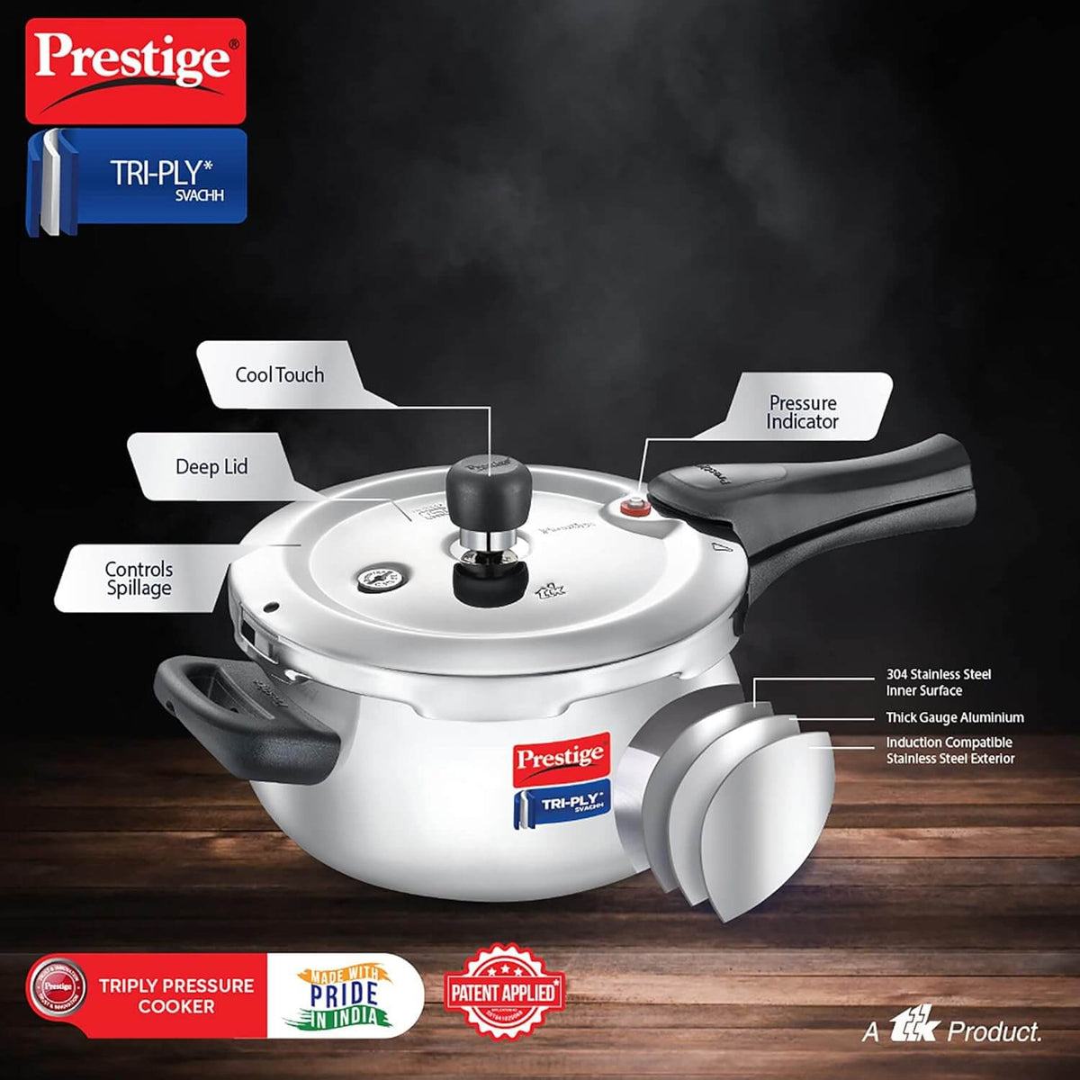 Prestige Svachh Triply Induction Base Outer Lid Pressure Cooker - Deep Lid, Spillage Control, 5-Year Warranty