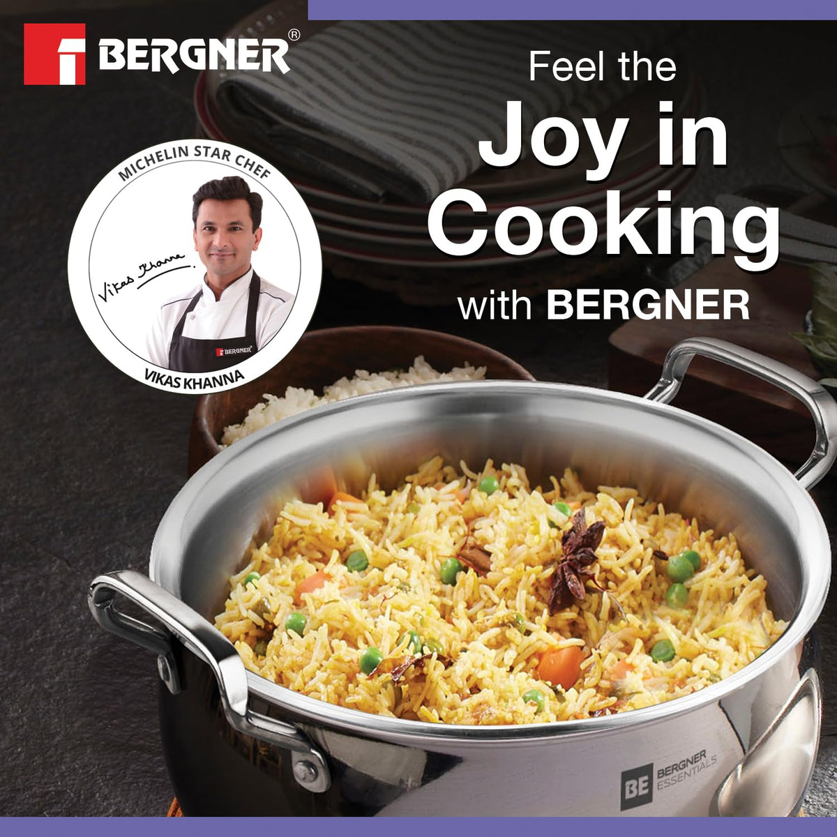 Bergner Essentials Tri-Ply Stainless Steel Rice Handi with Lid, Small, Induction & Gas Ready, 5-Year Warranty