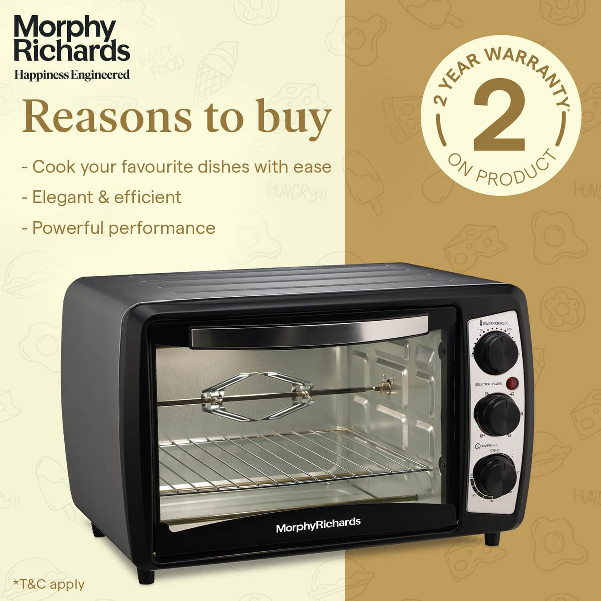 Morphy Richards 20R OTG Oven 20L with rotisserie, elegant design, powerful 1400W performance, and 2-year warranty.
