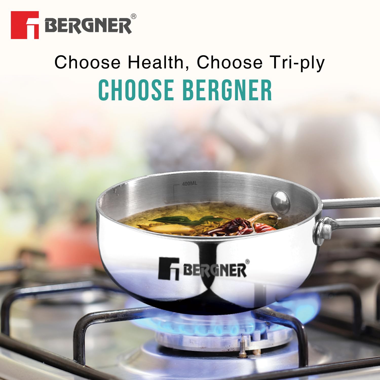 Bergner Argent Triply 12 cm Tadka Pan, 0.5L - Stay Cool Handle, Induction & Gas Compatible