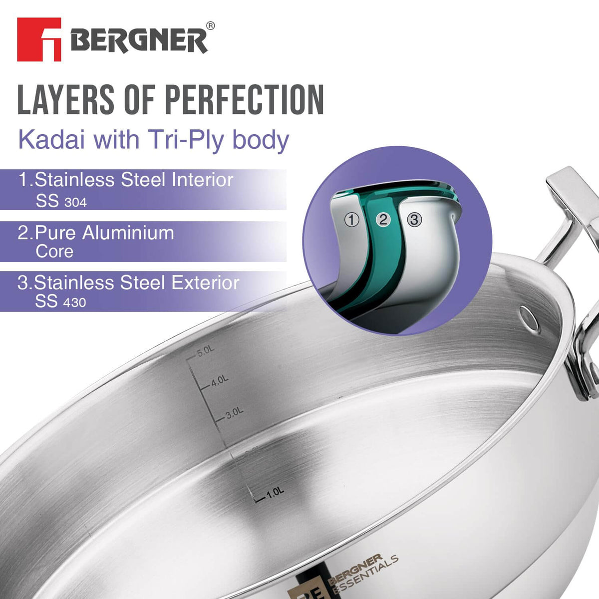 Bergner Essentials Triply Stainless Steel 27cm Multi Kadai with 2 Plates