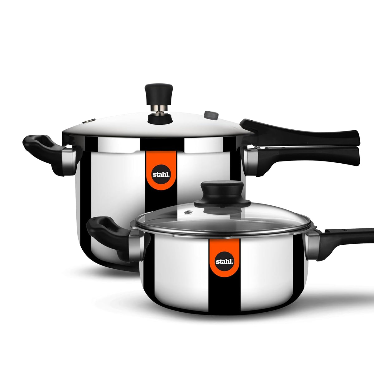 A set of Stahl stainless steel cookware on a white background, featuring a tall pressure cooker in the back and two saucepans in the front with black handles and a glass lid.