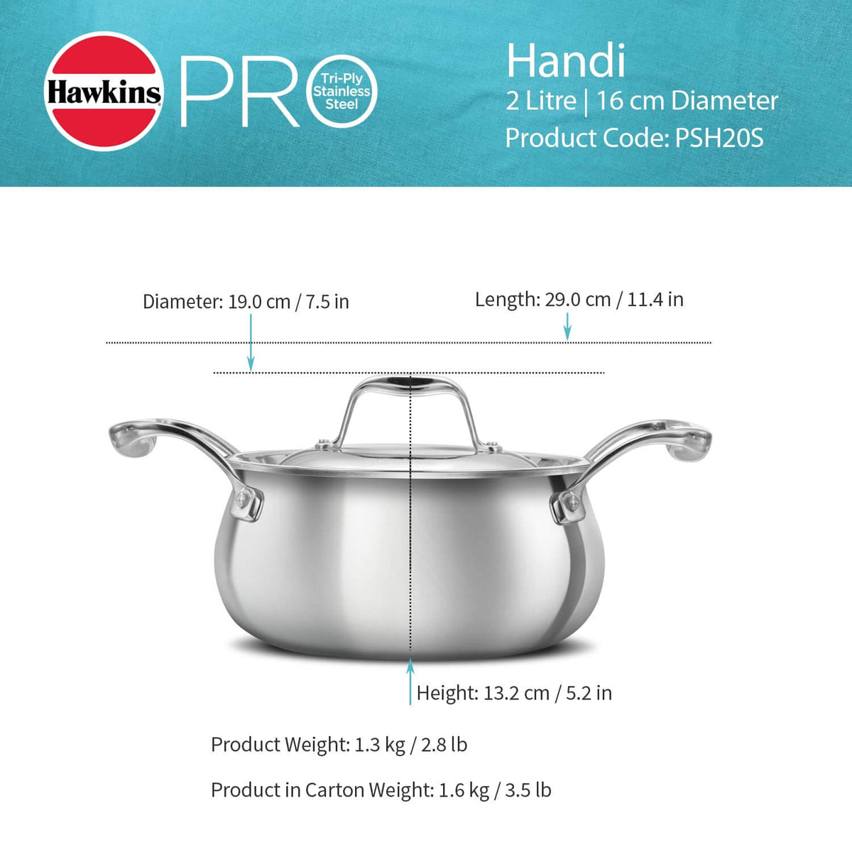 Hawkins Pro 2L Triply Stainless Steel Handi with Lid - Cooking & Serving Pan (PSH20S)