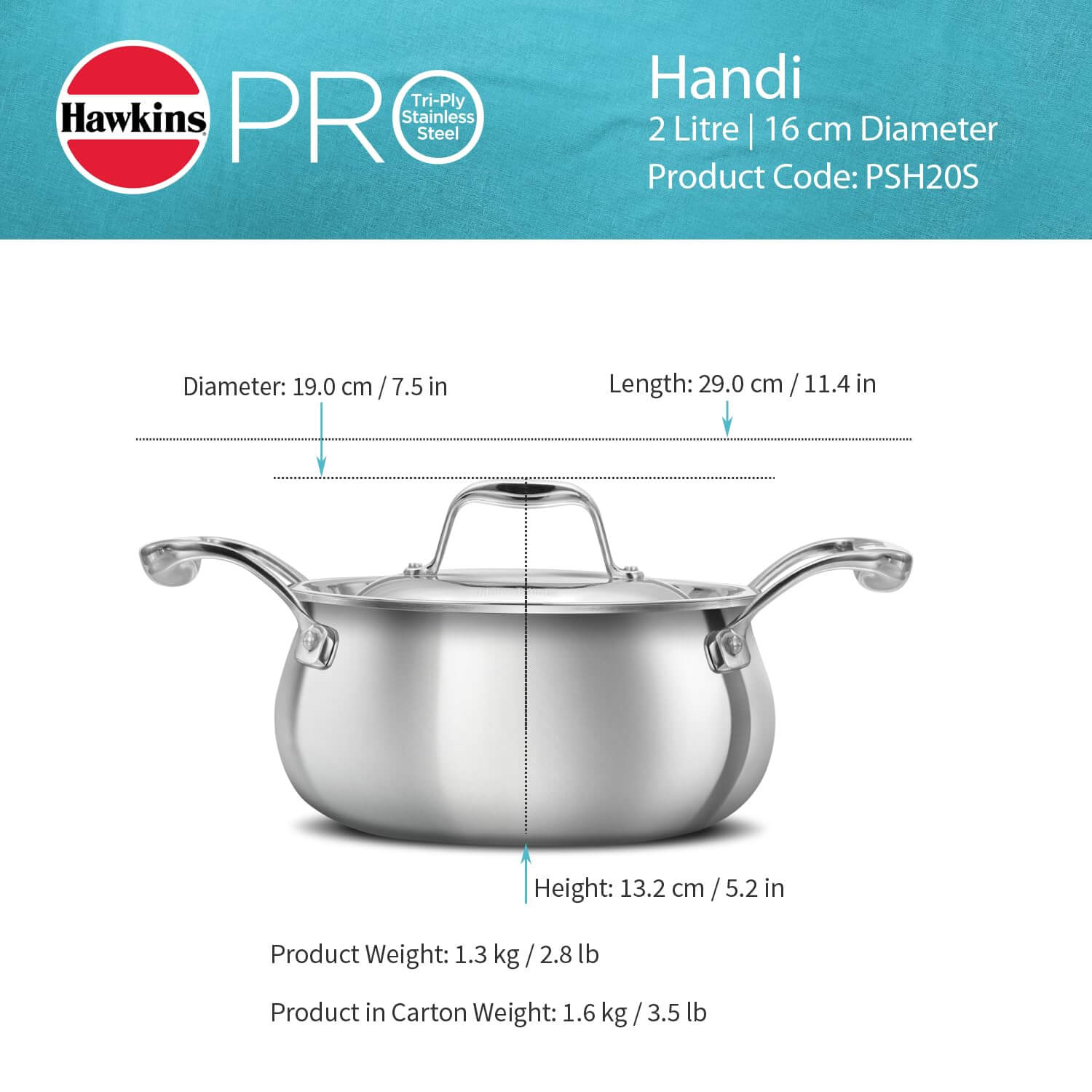 Hawkins Pro 2L Triply Stainless Steel Handi with Lid - Cooking & Serving Pan (PSH20S)