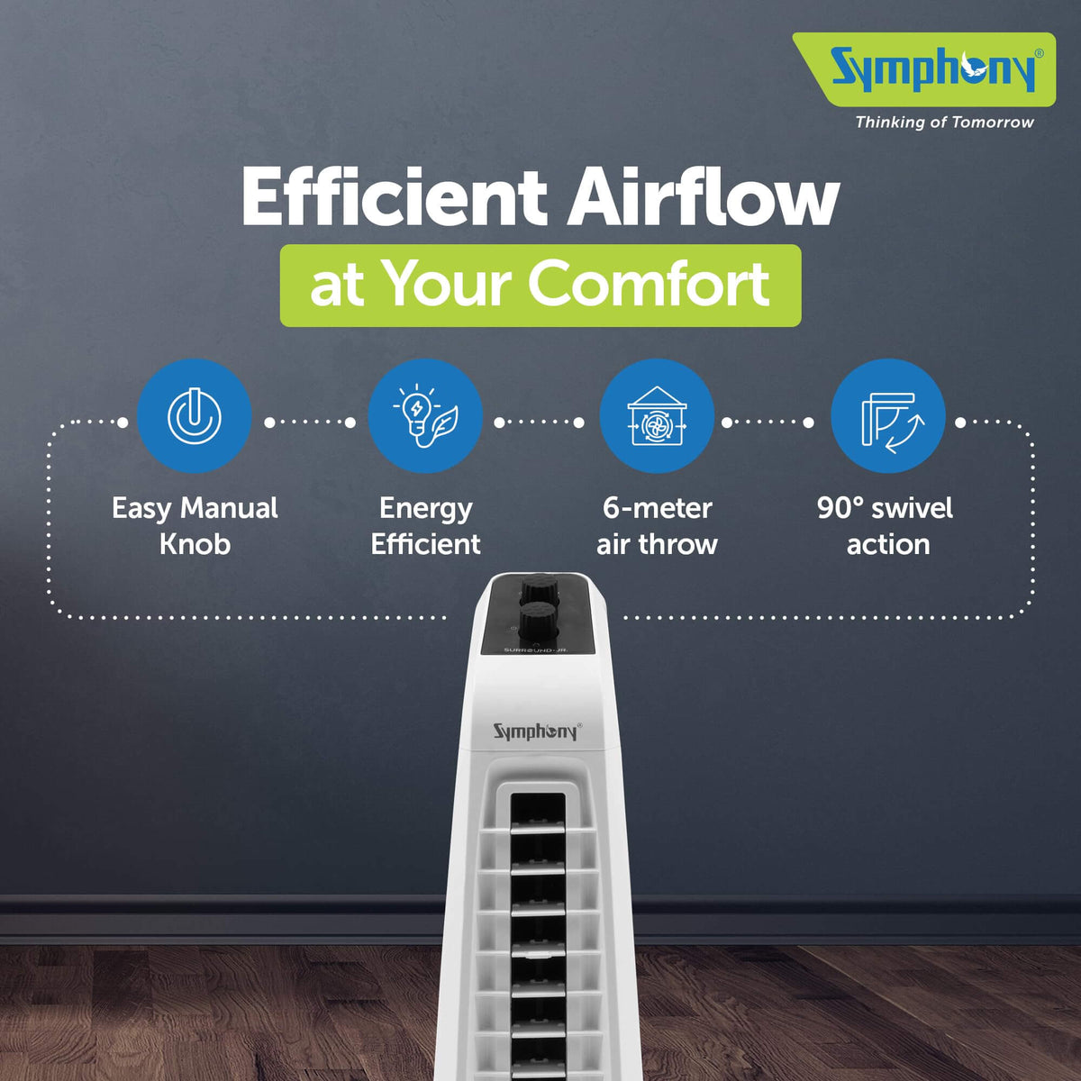 Energy-efficient Symphony Tower Fan with 45-degree swivel action and turbo throw technology