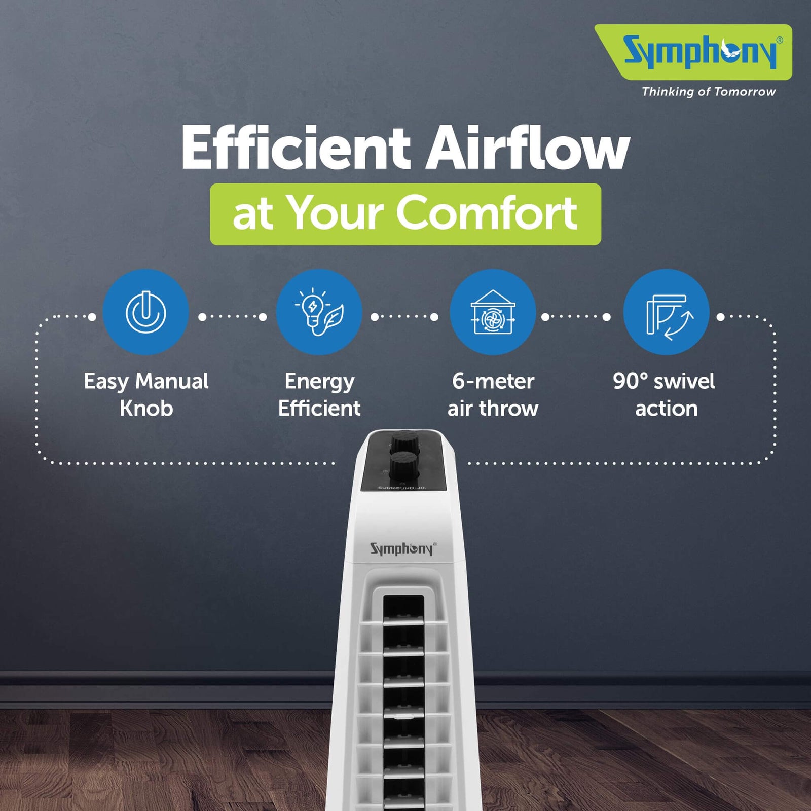Energy-efficient Symphony Tower Fan with 45-degree swivel action and turbo throw technology