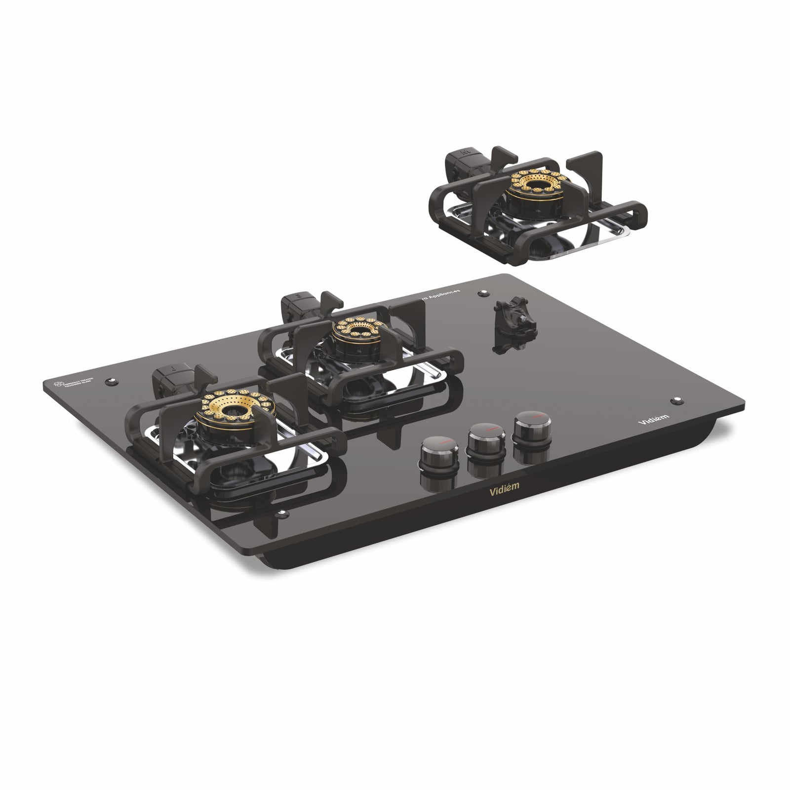 Vidiem Vogue V1-3 Burner Gas Cooktop/Hob - World's First Fully Removable Burner Assembly, Toughened Glass, Hexa Flame Brass Burners