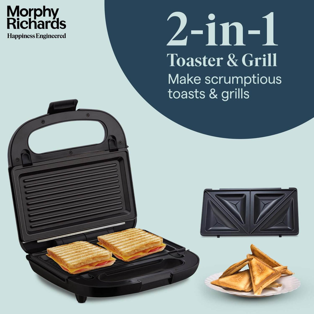 Morphy Richards 2-in-1 toaster and grill, making delicious toasts and grilled sandwiches with interchangeable plates.
