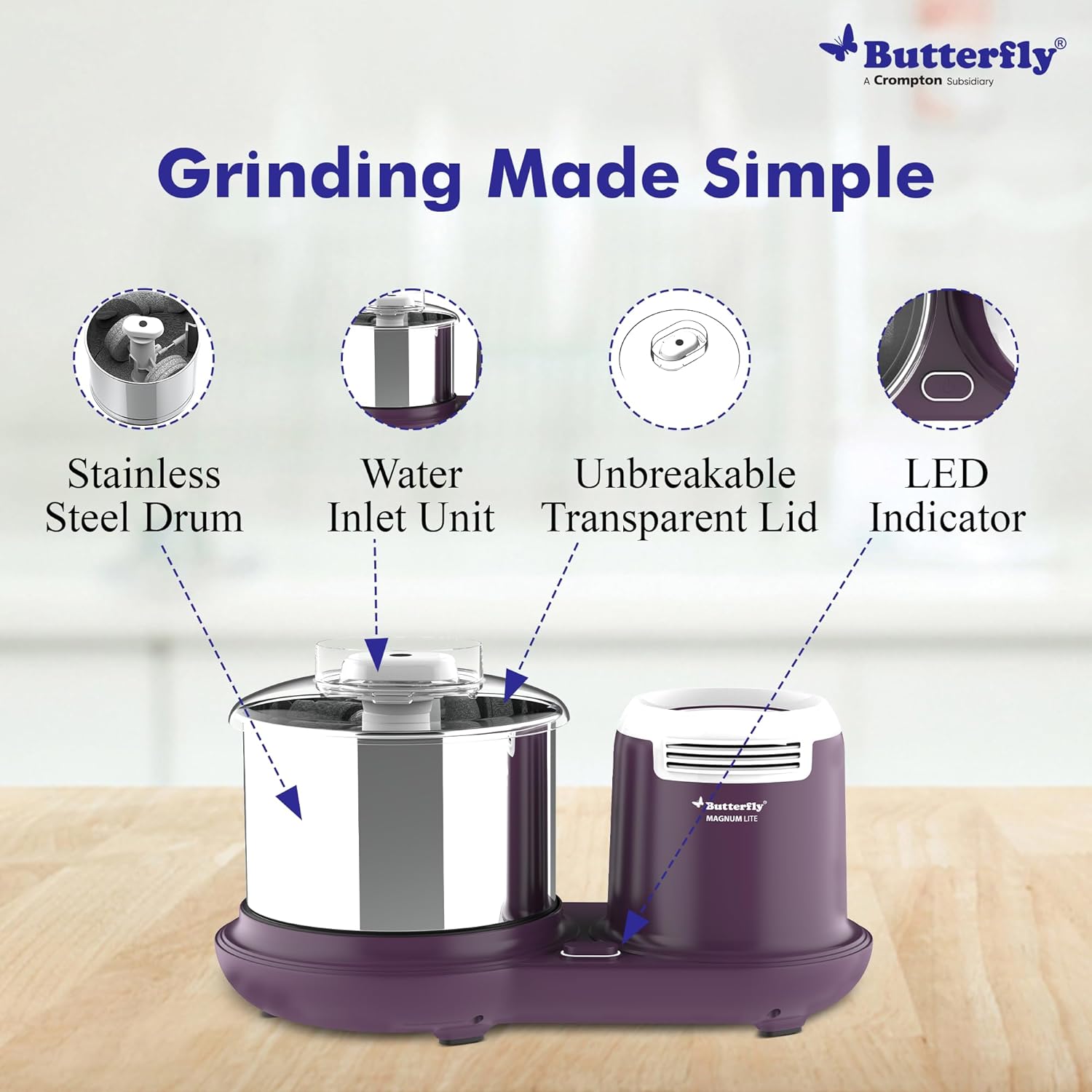 Butterfly Wet Grinder Magnum Lite 110-120 volts, 1.5 Litres, 230 watts (For use in USA and Canada only)