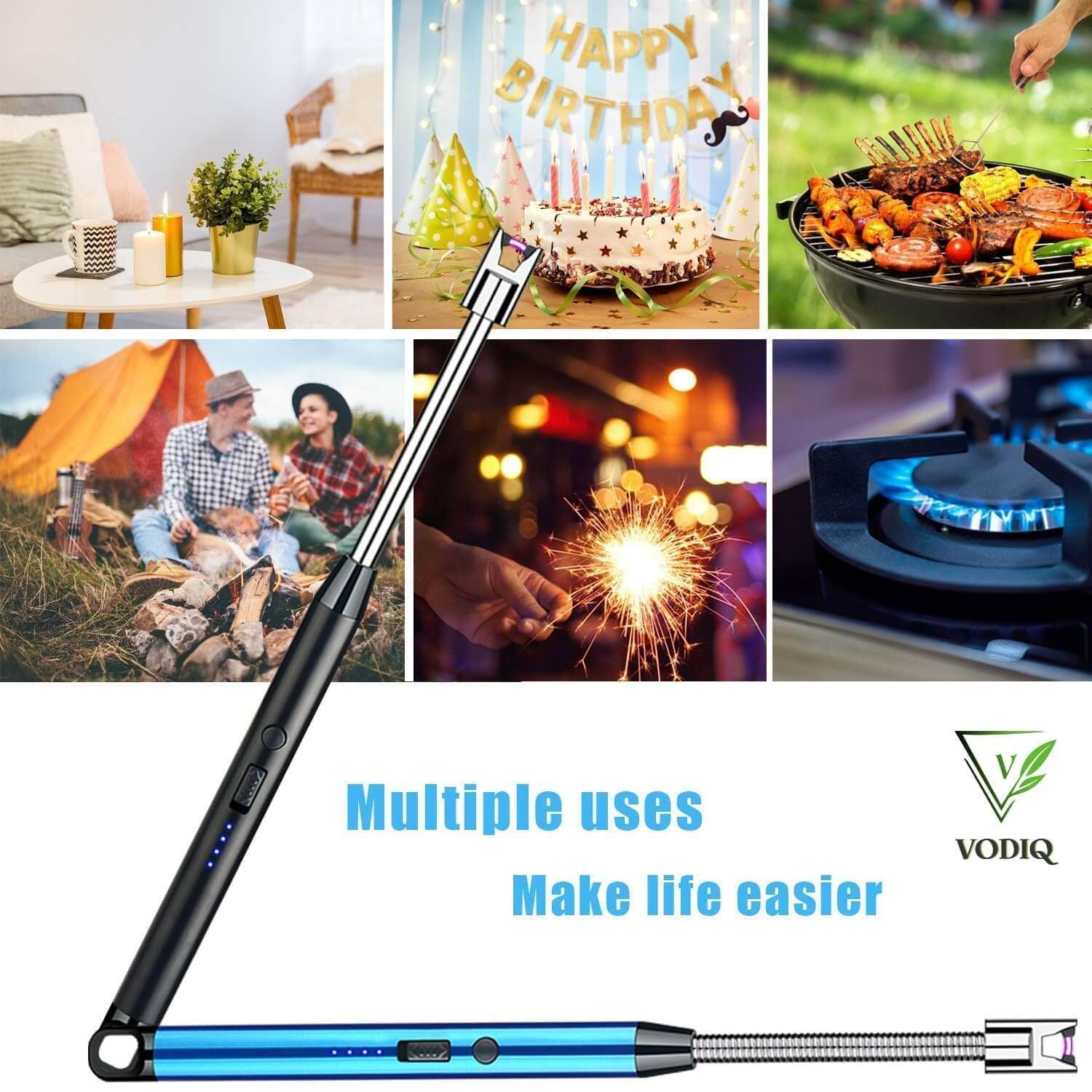 Electric Arc Lighter with flexible neck, showcasing multiple uses for candles, barbecues, and more.