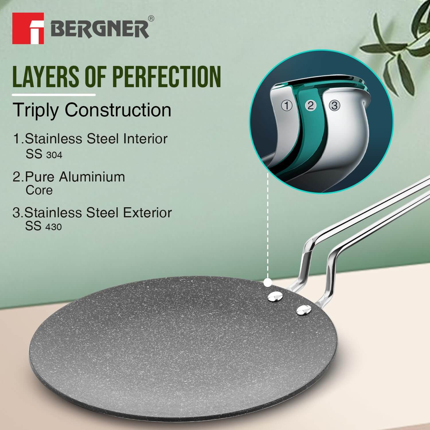 Closeup of Bergner Argent Samsara tawa showing the ergonomic stay-cool handle design