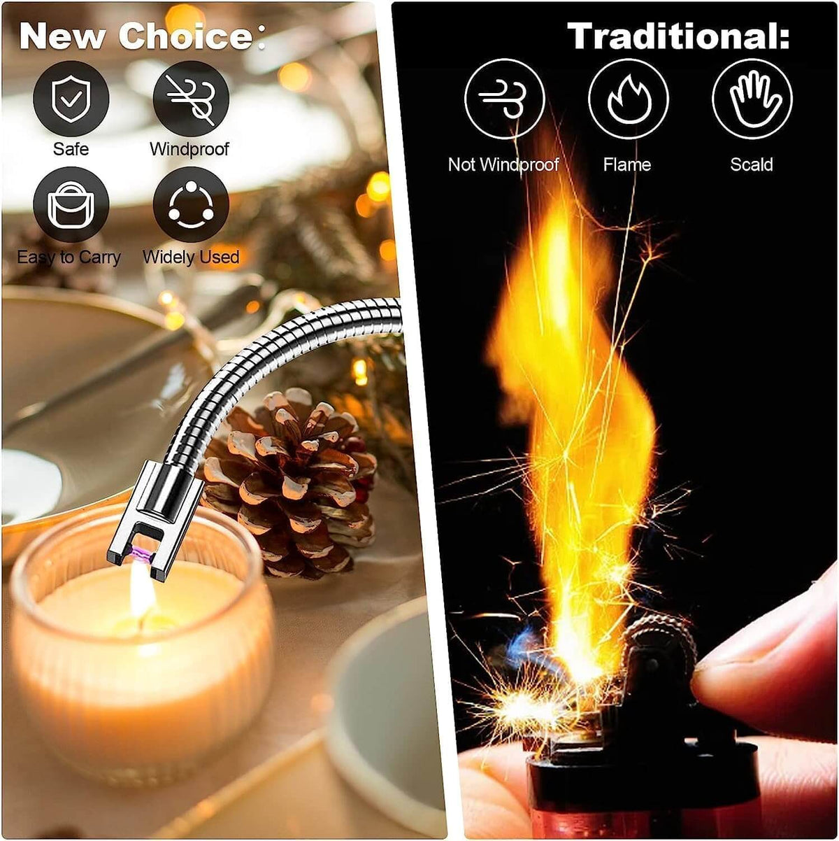 Comparison of electric arc lighter with windproof design and traditional lighter with flame, highlighting safety features.