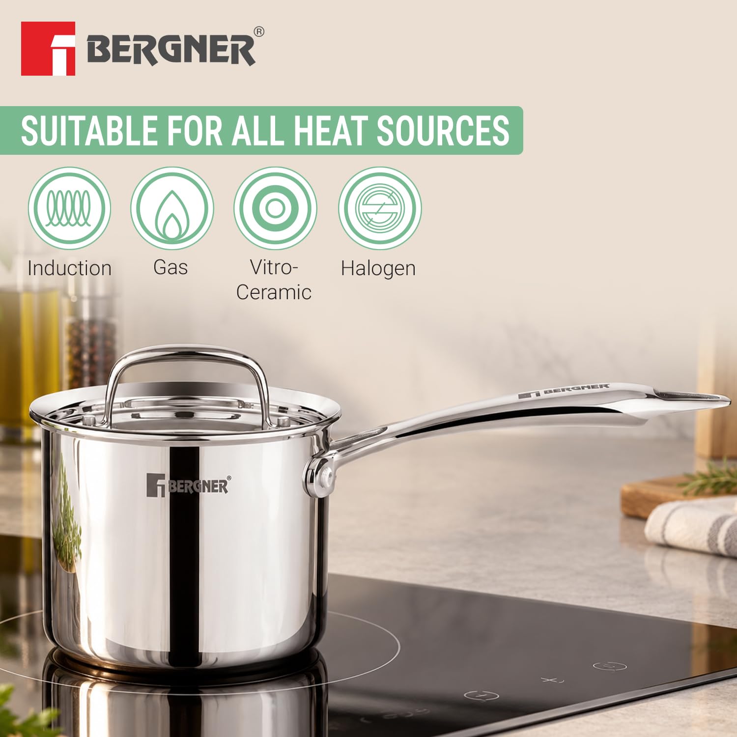 Bergner Argent Triply Mudde Pan with Lid – Multipurpose Deep Pot for Ragi Mudde, 12cm & 16cm