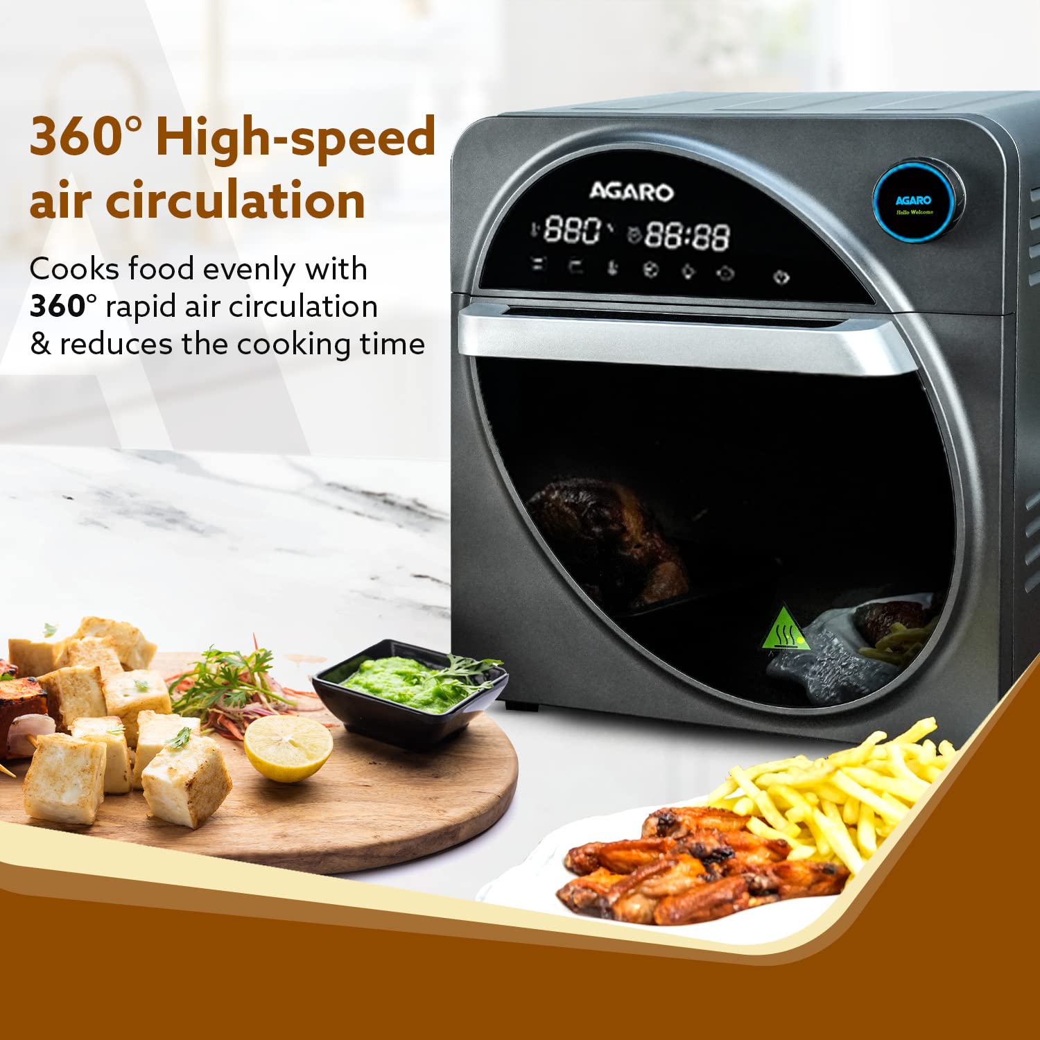 AGARO Royal Air Fryer Oven, 14.5L, 1700W, 25 Preset Menus, Digital Display, Touch Control, Rotisserie, Convection Oven - Black