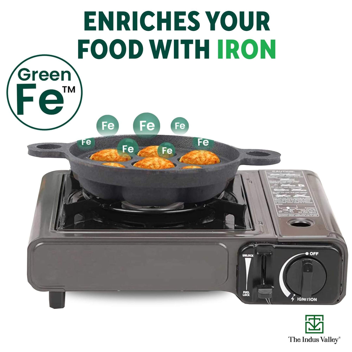 Indus Valley Cast Iron Paniyaram pan on a stove, cooking featured dish, enriches food with iron.