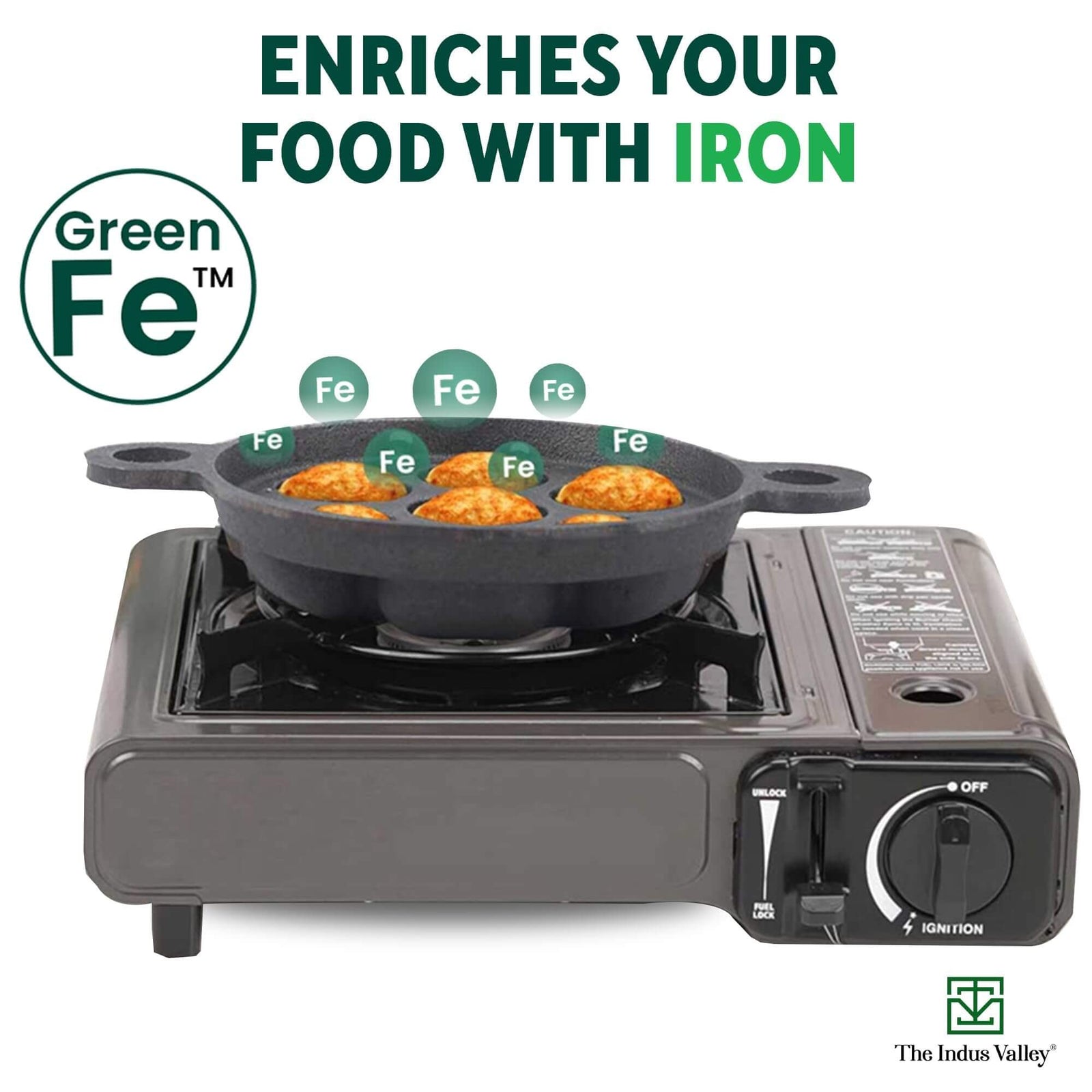 Indus Valley Cast Iron Paniyaram pan on a stove, cooking featured dish, enriches food with iron.