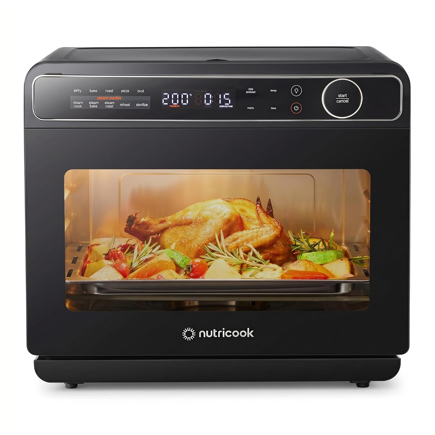 Nutricook Steami X 24L steam air fryer oven front view with roast chicken inside