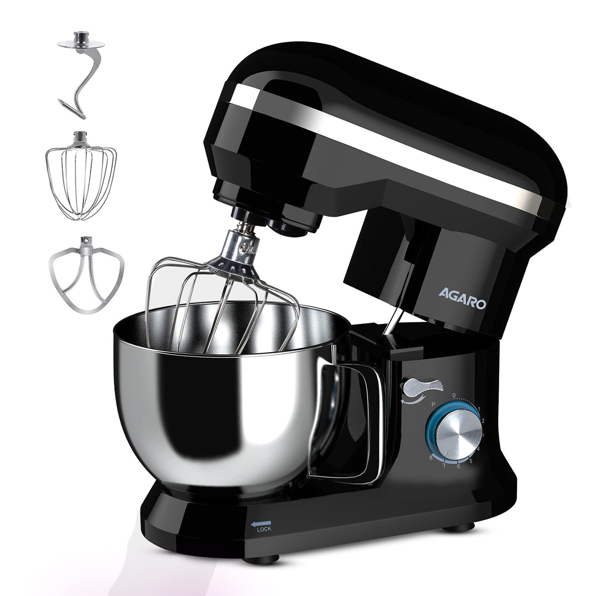 AGARO Royal Stand Mixer 1000W with 5L SS Bowl and 8 Speed Setting I Includes Whisking Cone, Mixing Beater &amp; Dough Hook, and Splash Guard, 2 Years Warranty, (Black)