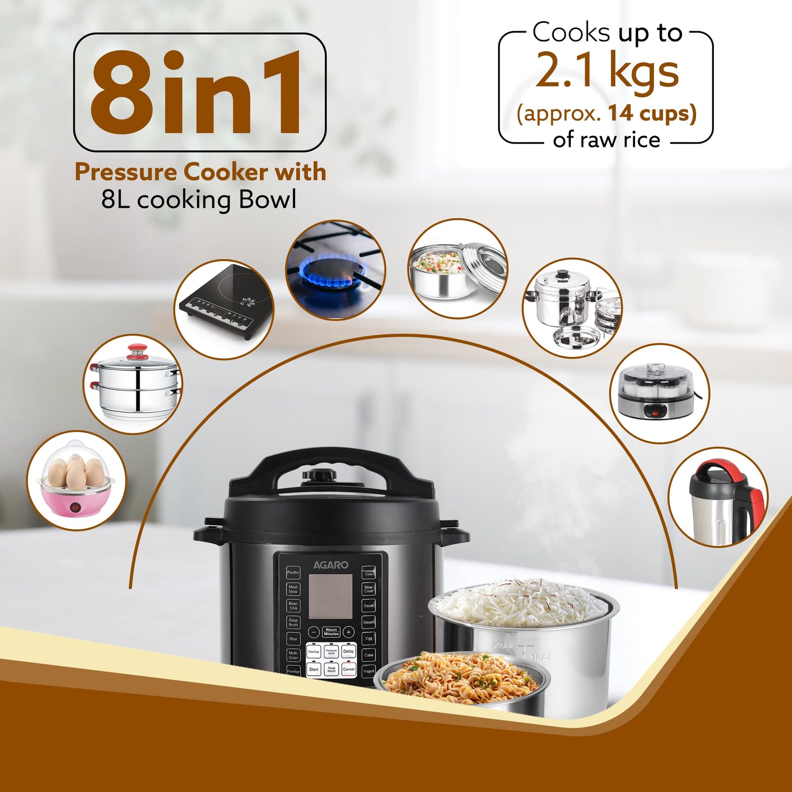 AGARO Imperial 8 litre capacity pressure cooker, energy efficient, safe cooking, complete kitchen appliance set