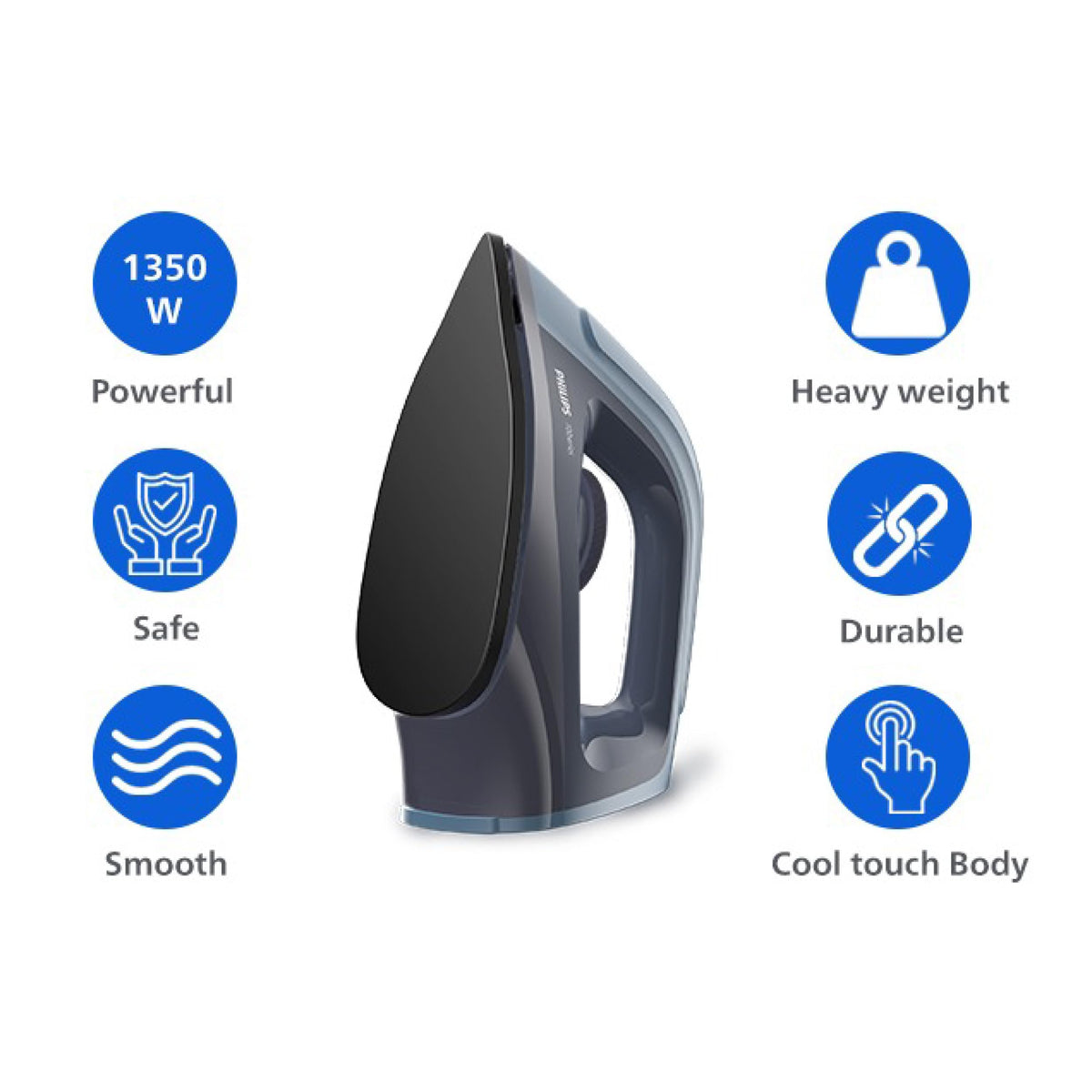 Philips DST0700/00 1350W heavy weight dry iron side profile showing cool-touch body