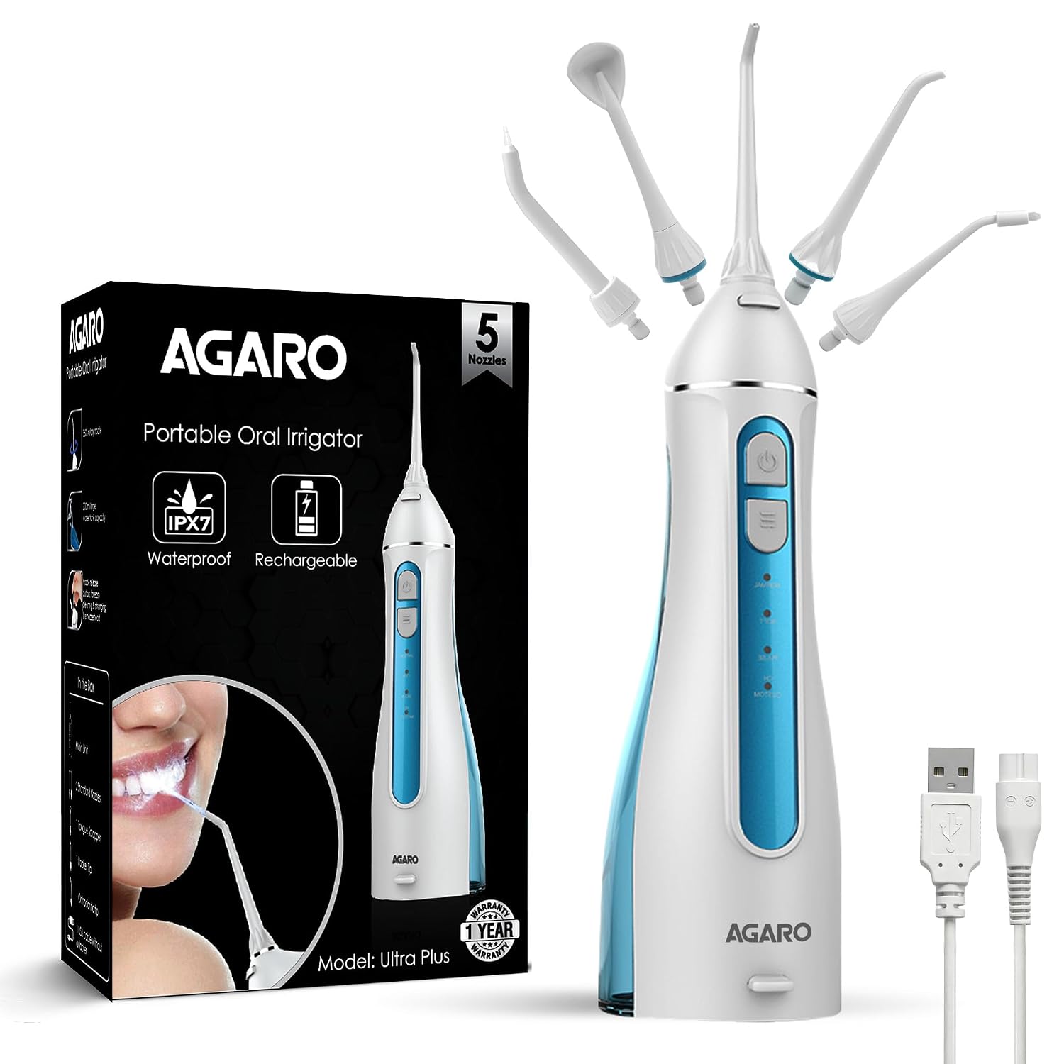 AGARO Ultra Plus Cordless Water Flosser, 200 ml Tank, 4 Cleaning Modes, 5 Nozzles, IPX7 Waterproof Oral Irrigator