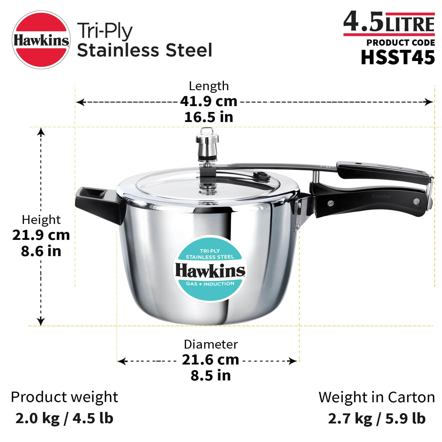 Hawkins Triply Stainless Steel Pressure Cooker - Inner Lid, Induction Compatible with 3mm Extra-Thick Base