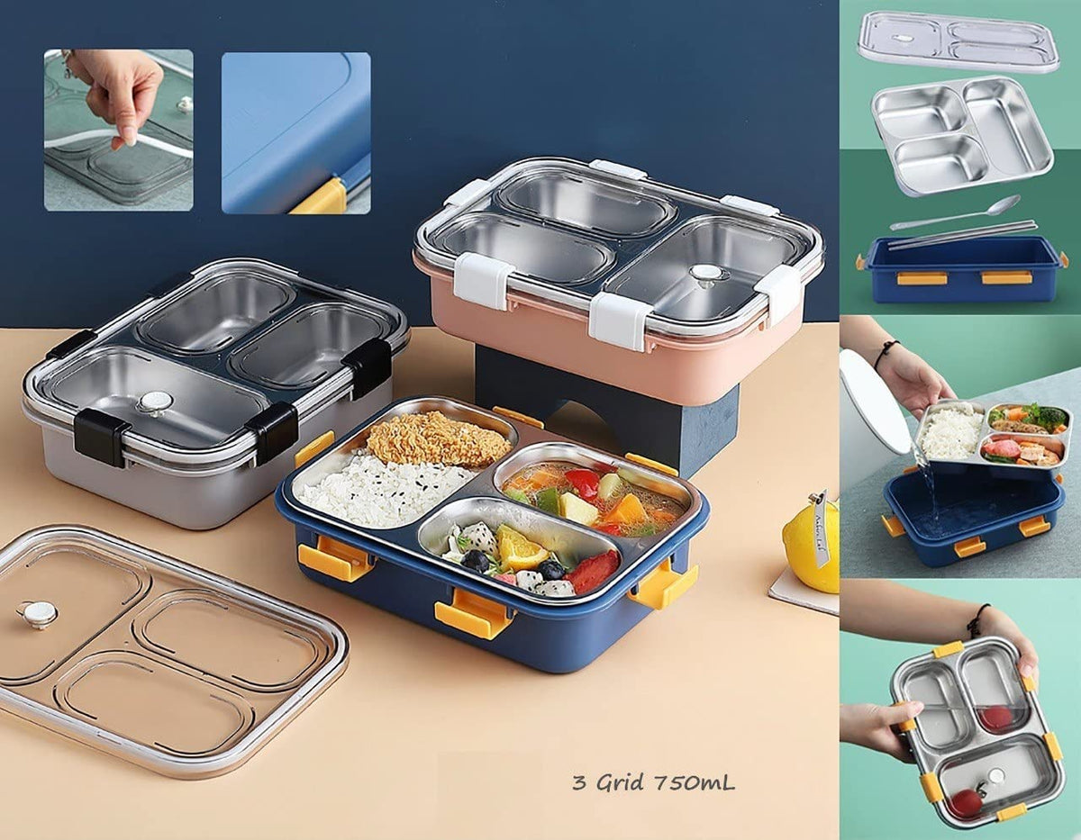 Lunch Box Compartment Stainless Steel with Spoon, for School, Lunch Box for Kids, Lunch Box for School & Office with a Fork, a Spoon and a Pair of Chopsticks