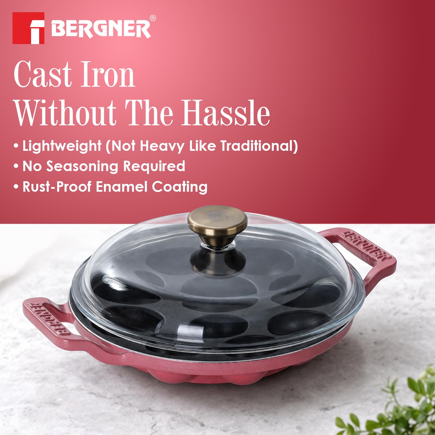 Bergner Excalibur 22cm cast iron appe pan with sturdy wooden handle pink finish
