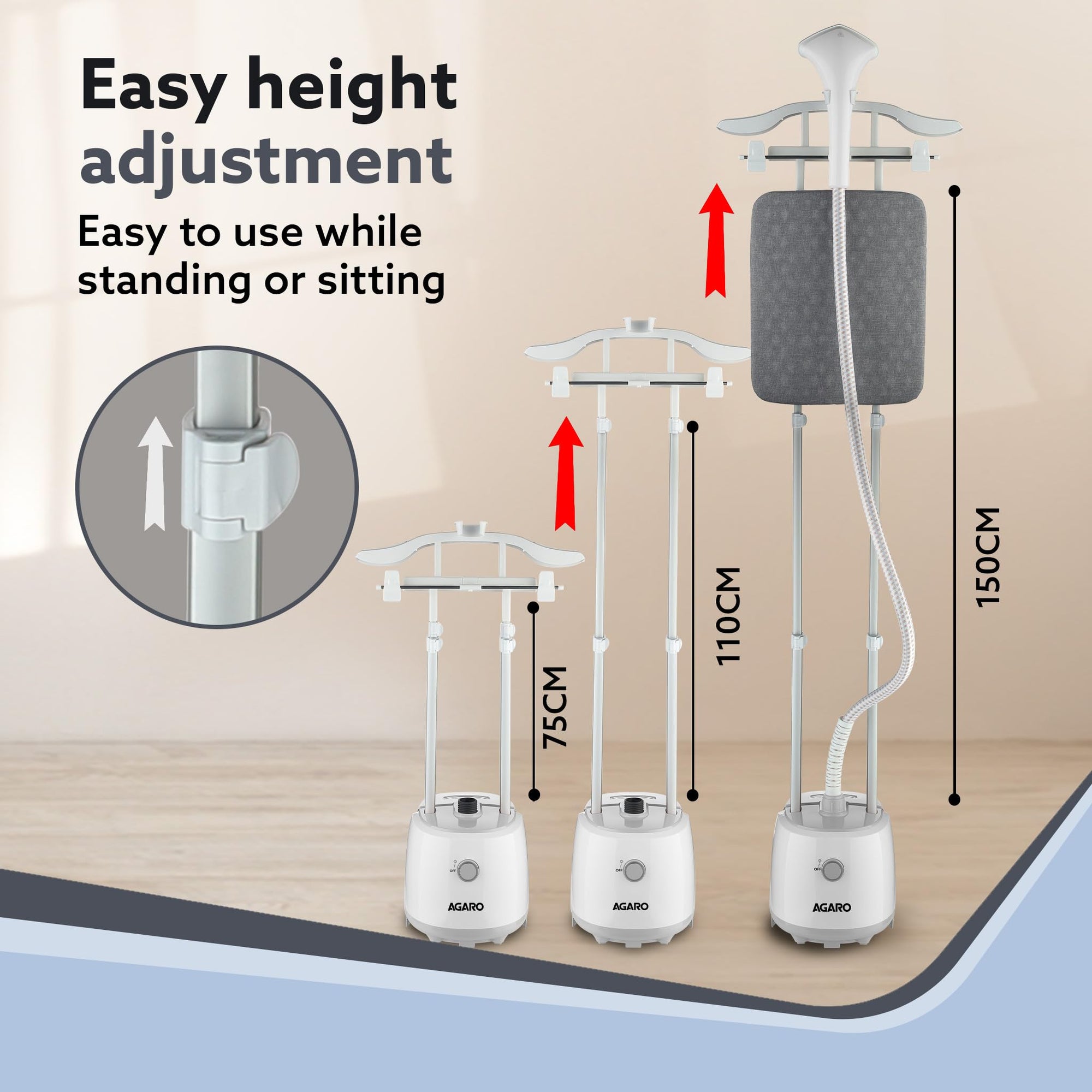 AGARO Grand 2000W Standing Garment Steamer with Adjustable Iron Board, 1.8L Water Tank, Fast Steaming - White