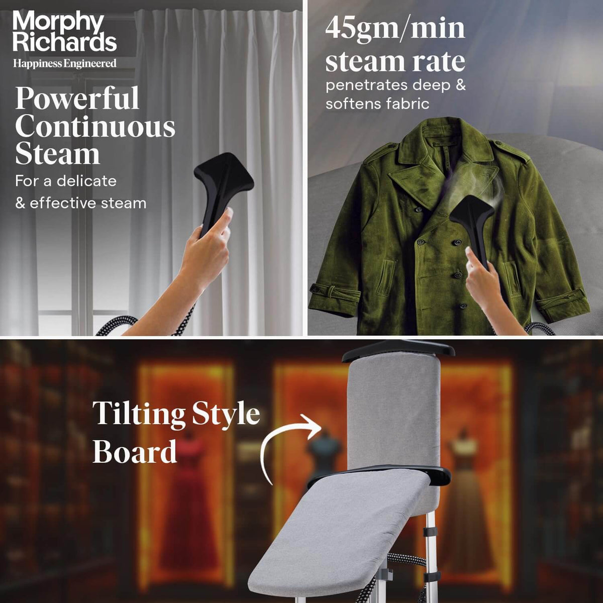 Morphy Richards Vogue upright garment steamer black with adjustable height pole