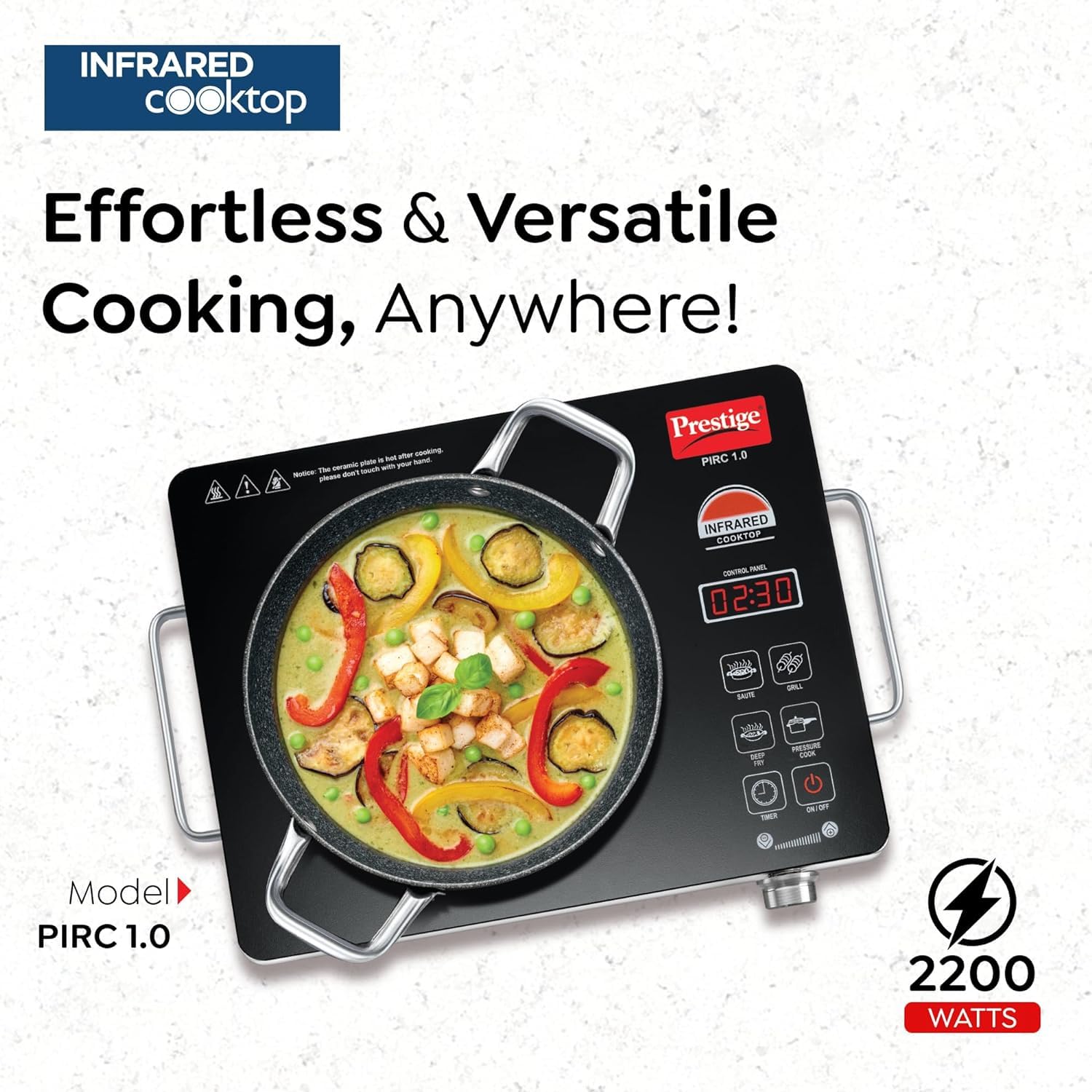 Prestige Infrared Cooktop PIRC 1.0, 2200W, Stainless Steel & Ceramic, Feather Touch Panel, Adjustable Temperature, Black