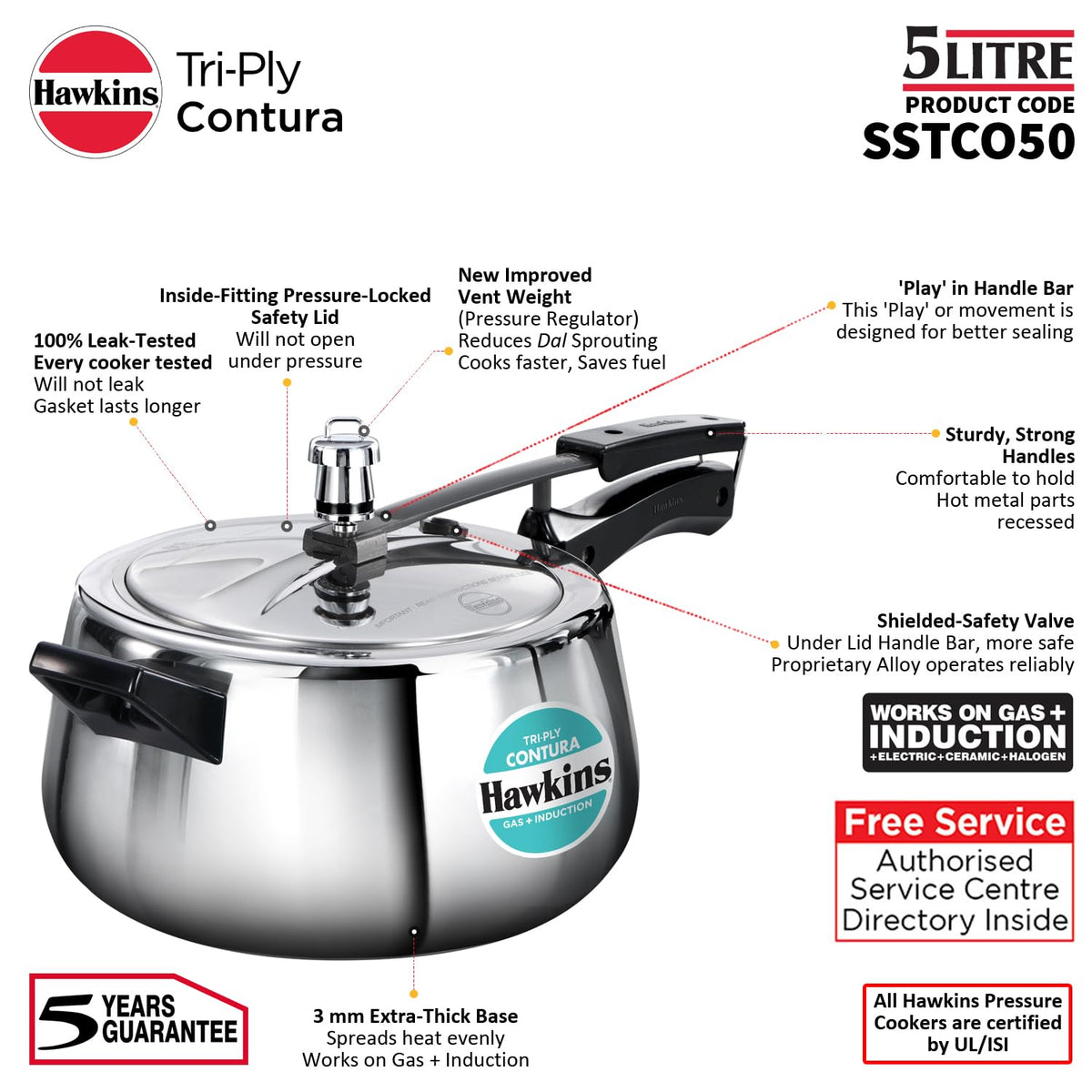 Hawkins 5 Litre Triply Contura Pressure Cooker – 3 mm Tri-Ply Stainless Steel, Gas & Induction (SSTCO50)
